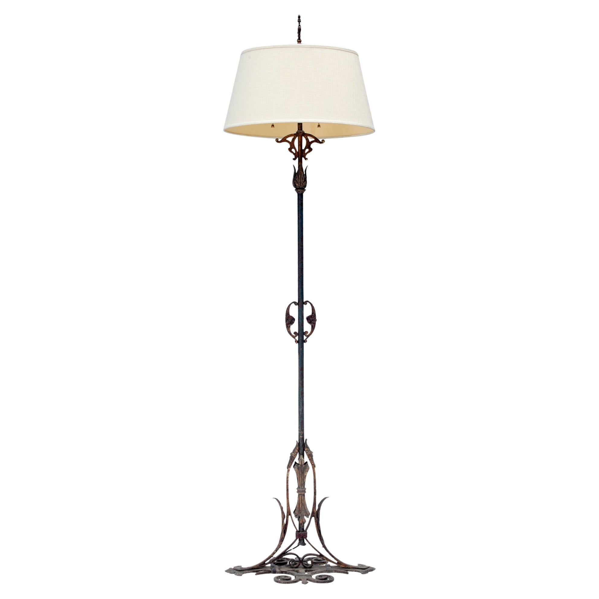 Art Noveau Bronze & Iron Floor Lamp/ Linen Shade