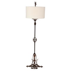 Art Noveau Bronze & Iron Floor Lamp/ Linen Shade