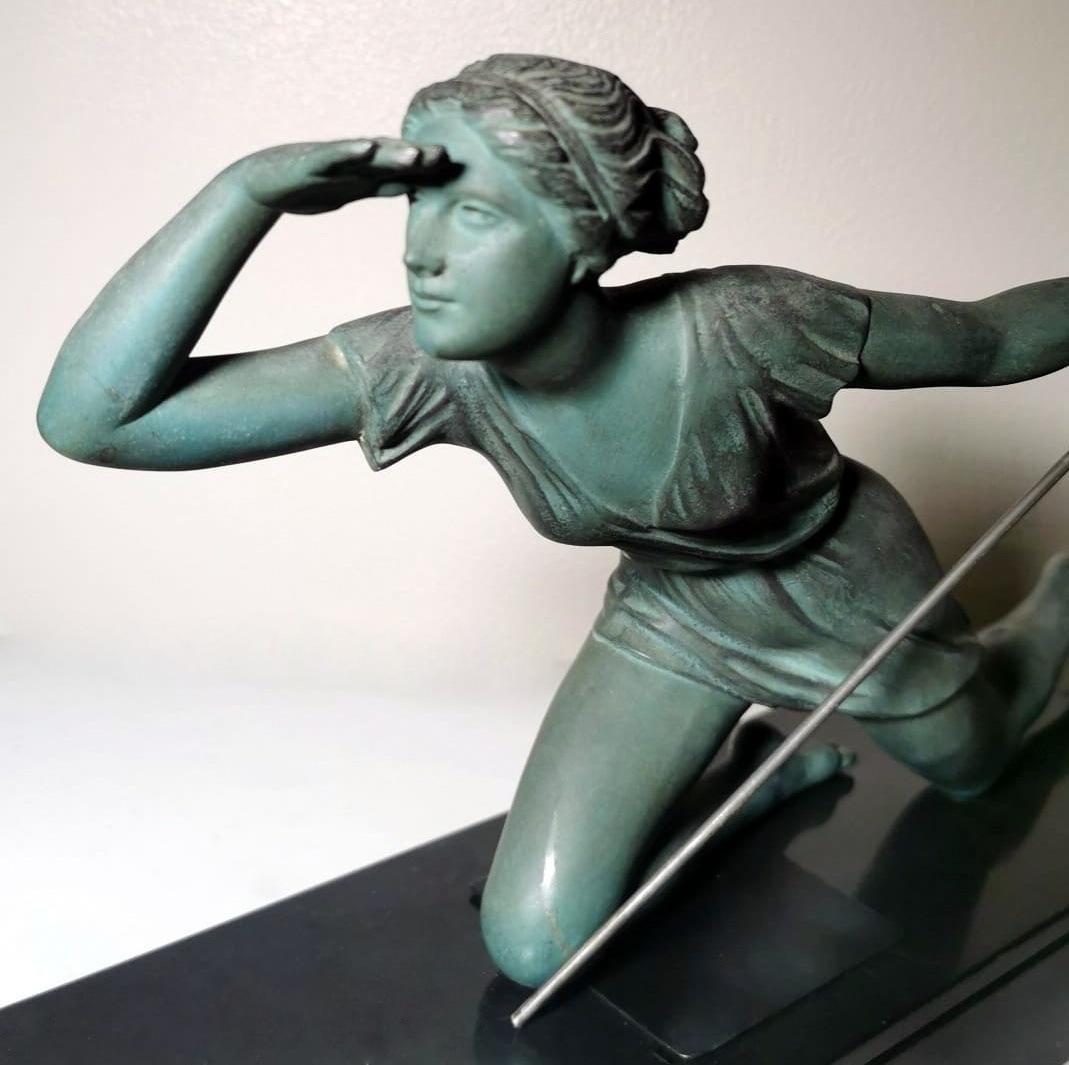 Art Noveau Bronze Statuette Marble Base Depicting The Goddess Diana The Huntress 3
