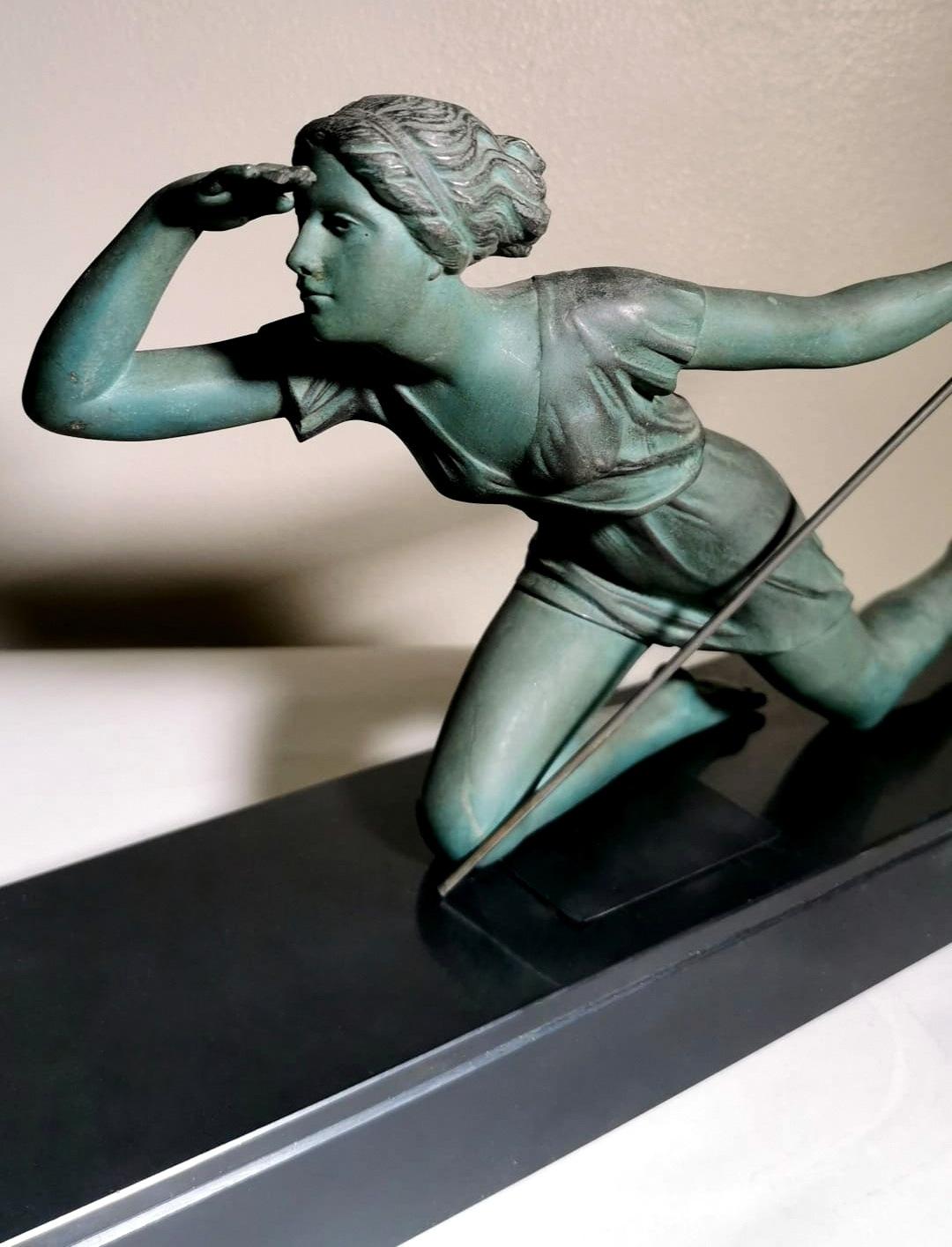 Art Noveau Bronze Statuette Marble Base Depicting The Goddess Diana The Huntress 5