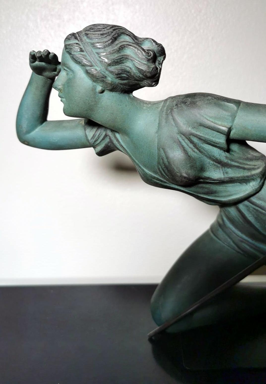 Art Noveau Bronze Statuette Marble Base Depicting The Goddess Diana The Huntress 6
