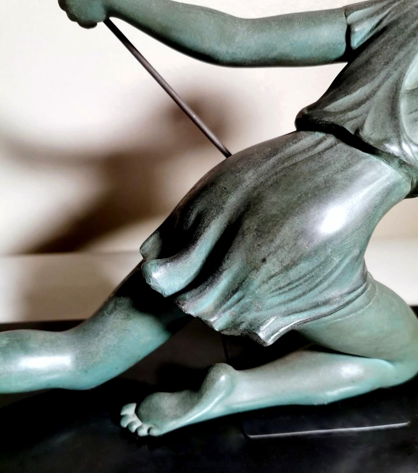 20th Century Art Noveau Bronze Statuette Marble Base Depicting The Goddess Diana The Huntress
