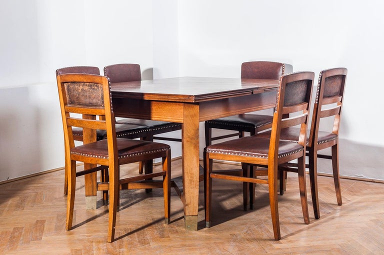 The opening dining table and six chairs were designed by Koloman Moser. They are a part of the dinner set which included the clock, large and small sideboards.
The famous Viennese furniture firm August Ungethüm manufactured such sets between