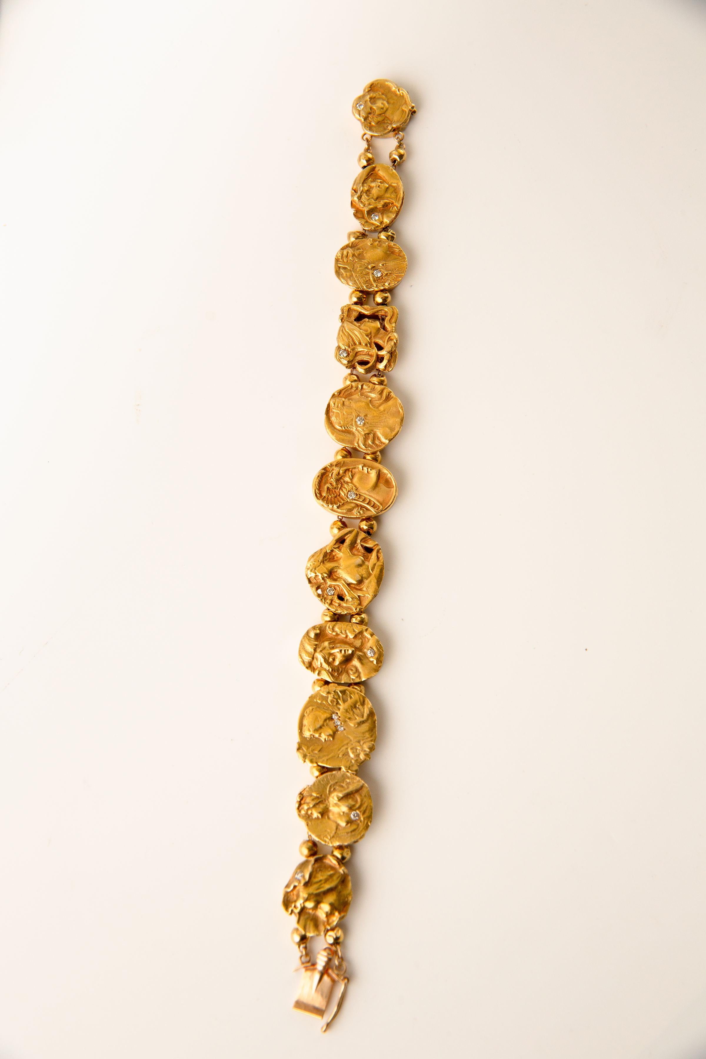 Art Noveau Figural Slide Bracelet 14k Yellow Gold & Diamond For Sale 5