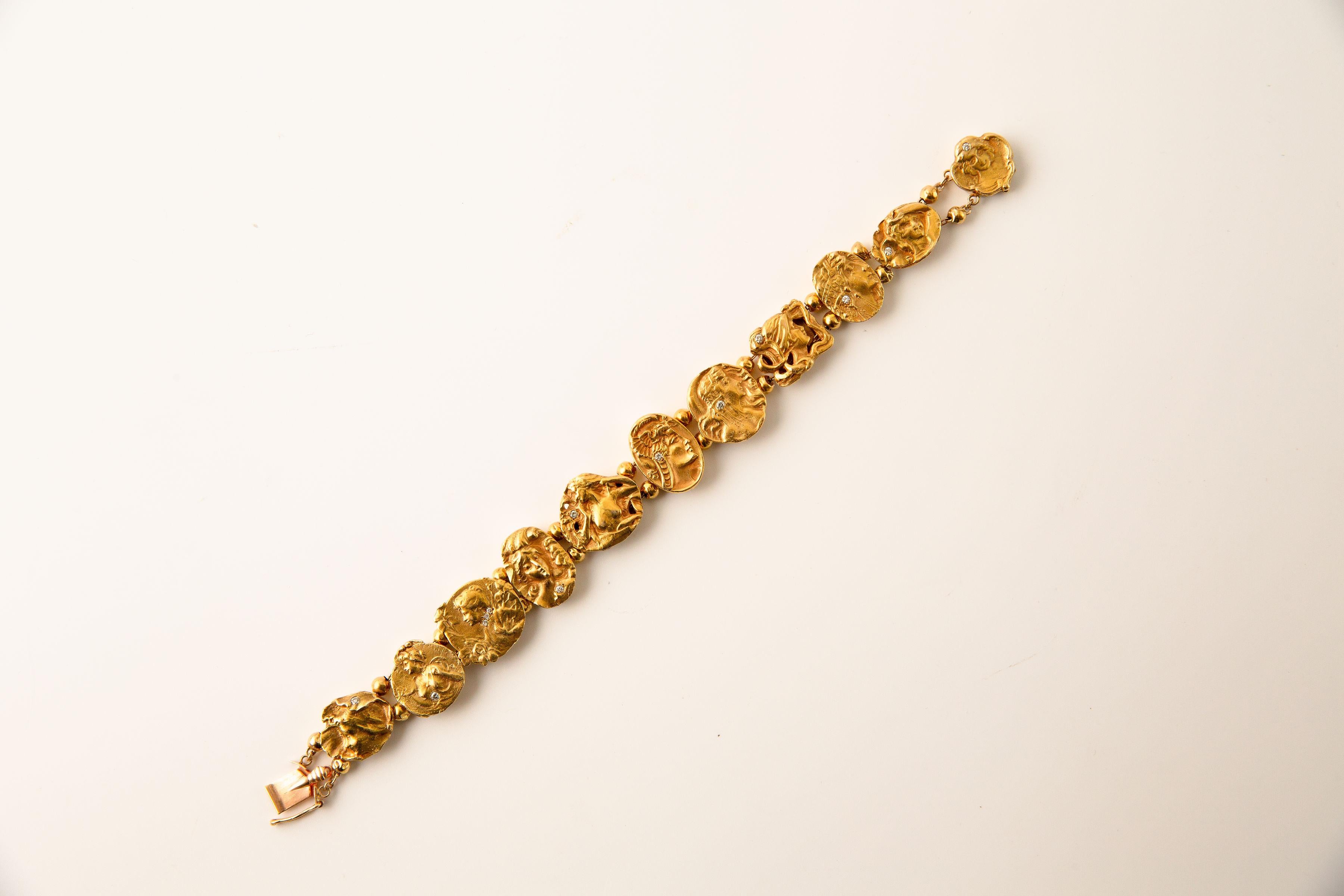 Art Noveau Figural Slide Bracelet 14k Yellow Gold & Diamond For Sale 6
