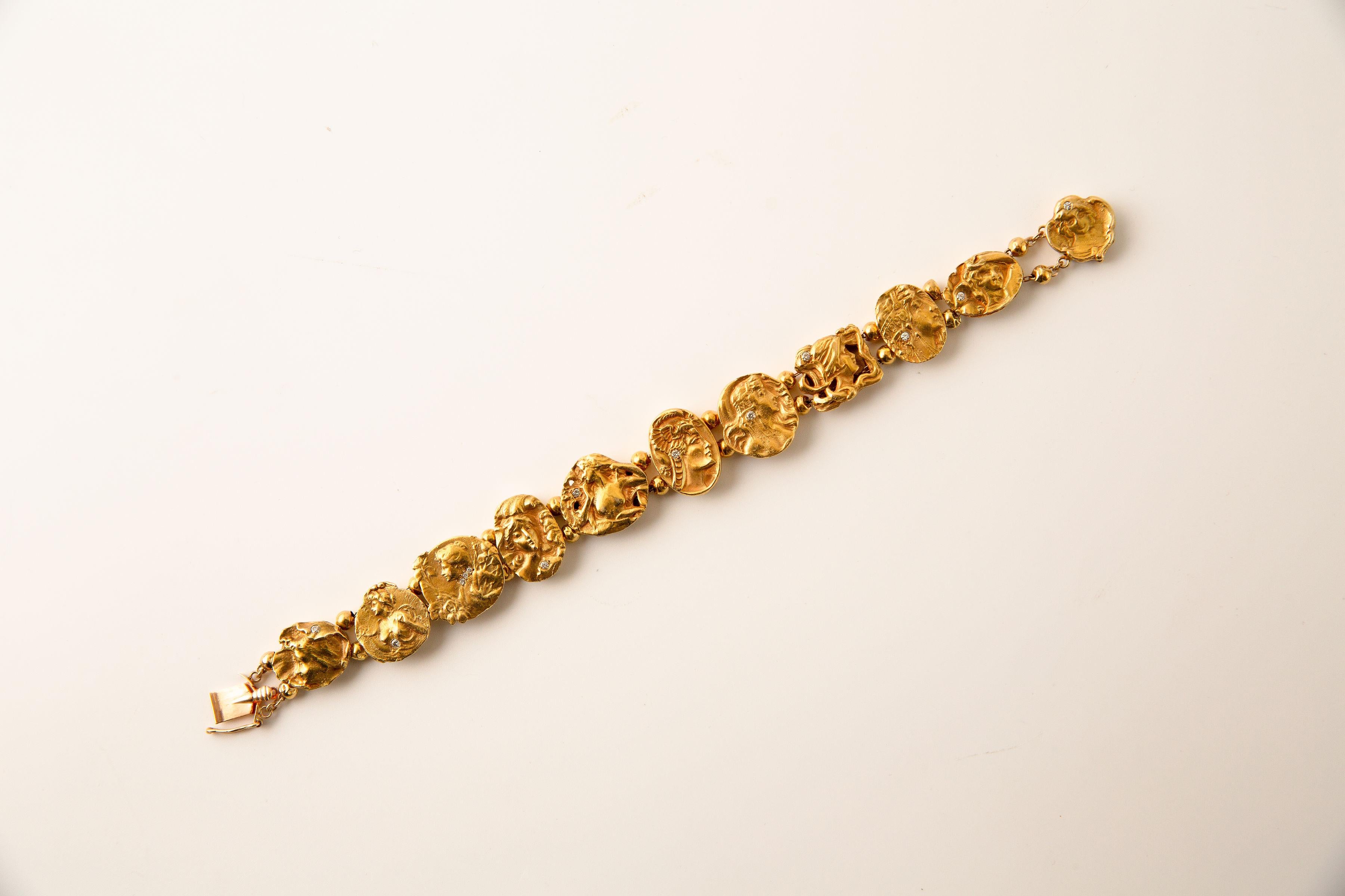 Art Noveau Figural Slide Bracelet 14k Yellow Gold & Diamond For Sale 7