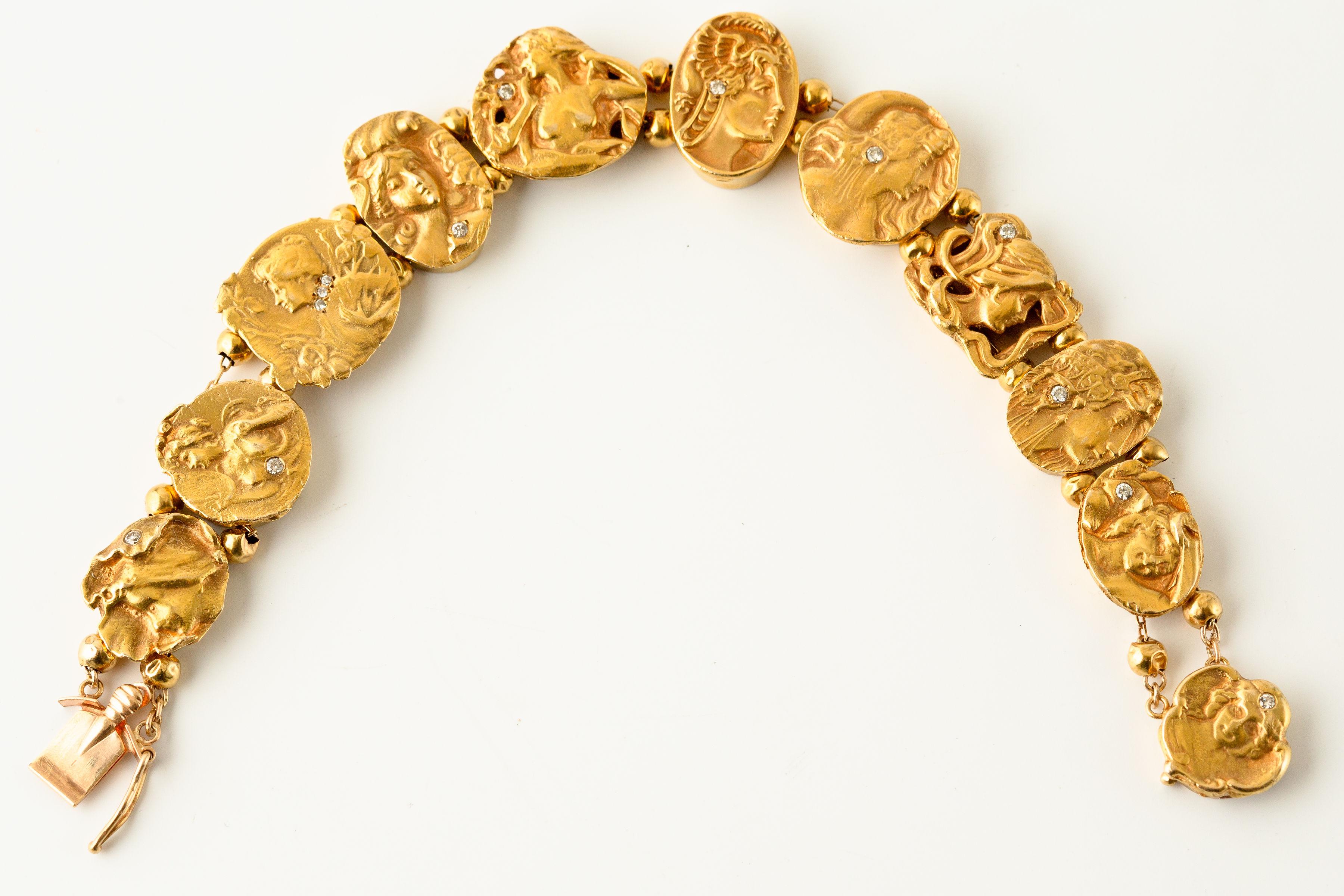 Material: 14k Yellow Gold
Weight: 38.1 grams
Gemstone: Diamond 0.15 cttw
Length: 7.75 inches
Dimensions: 16.2 mm x 5.10 mm

Beautiful antique Art Noveau bracelet dating back to circa 1915. Art Noveau used floral, fairy and animal motifs, especially