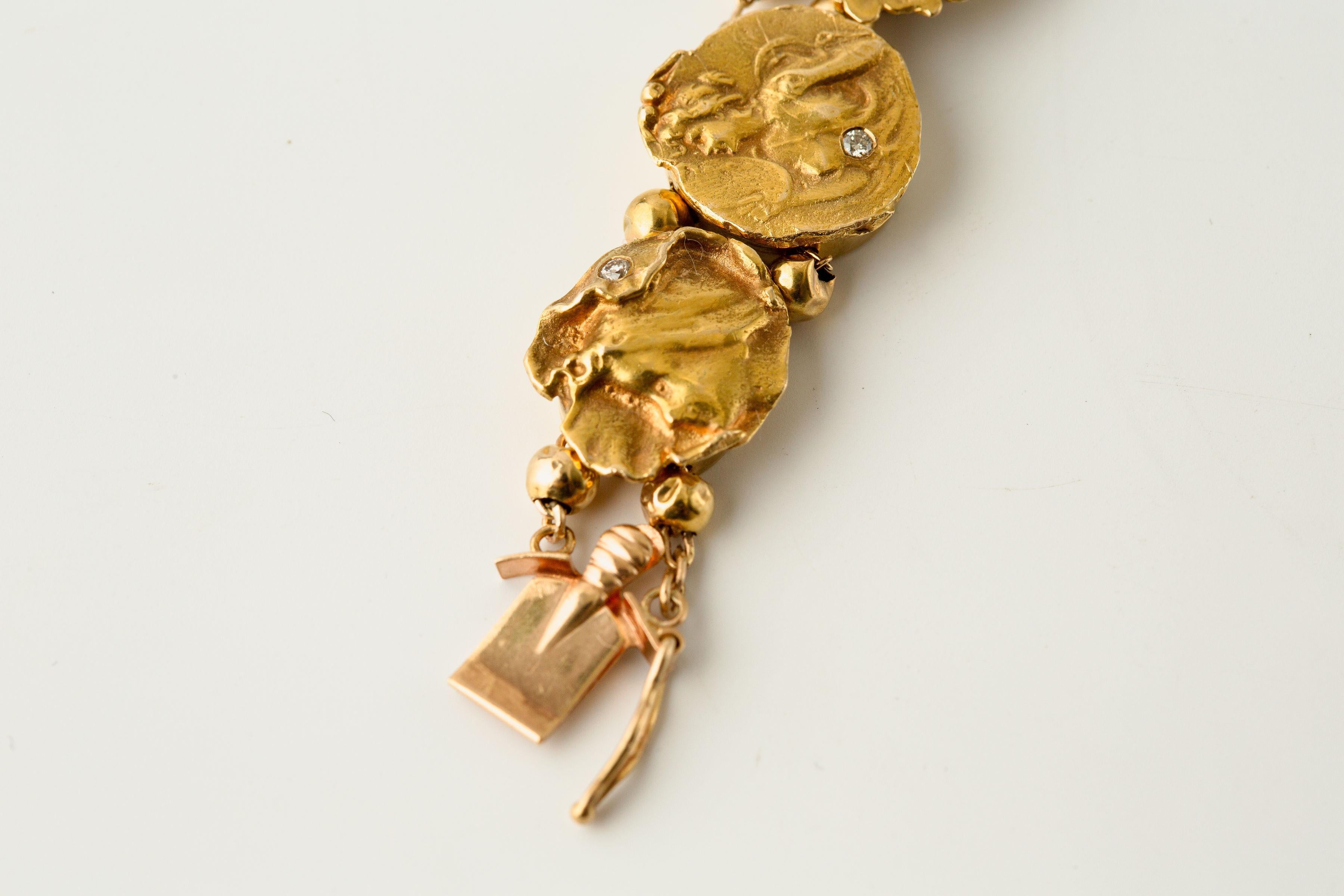 Art Noveau Figural Slide Bracelet 14k Yellow Gold & Diamond In Good Condition For Sale In Bernardsville, NJ