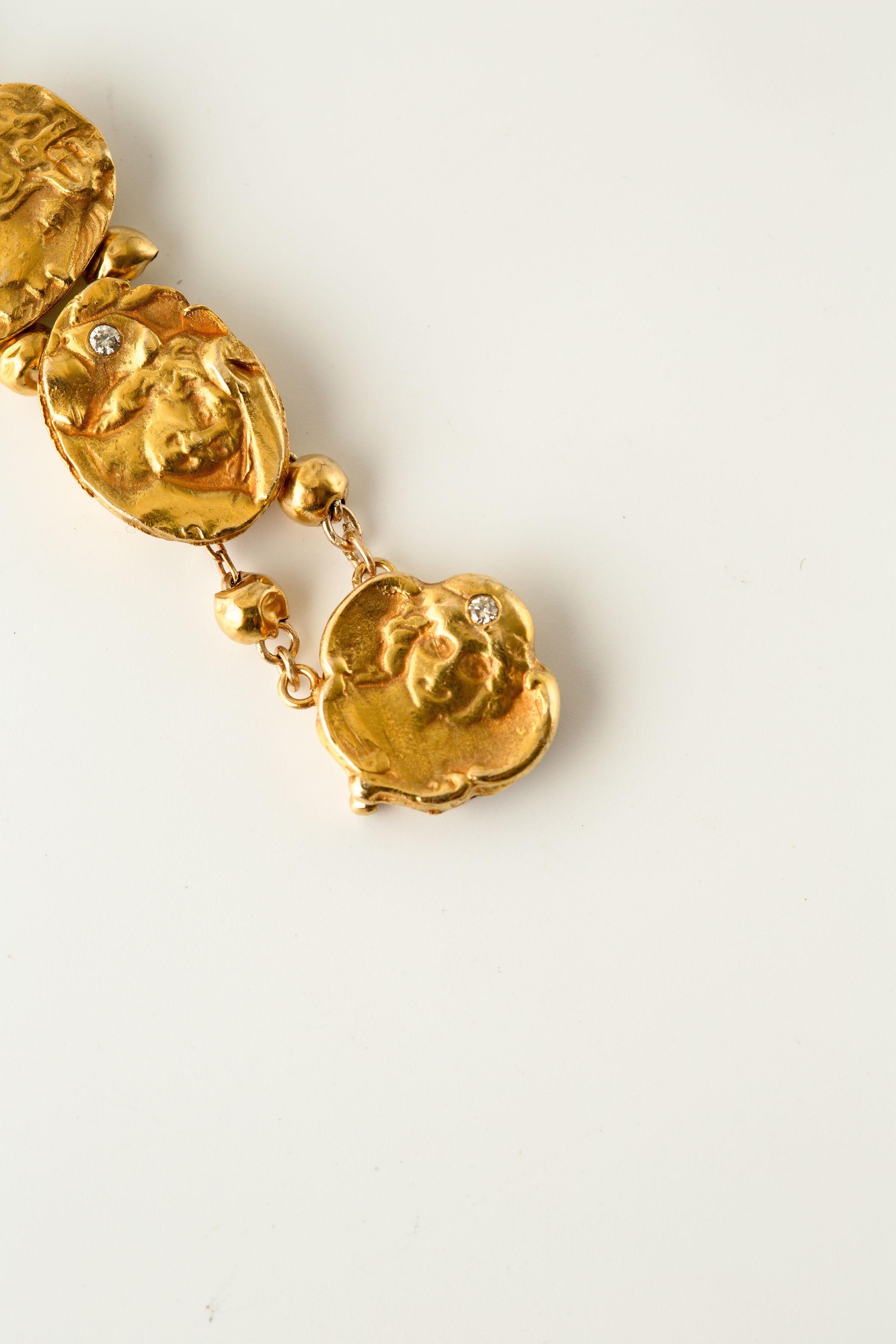 Art Noveau Figural Slide Bracelet 14k Yellow Gold & Diamond For Sale 1