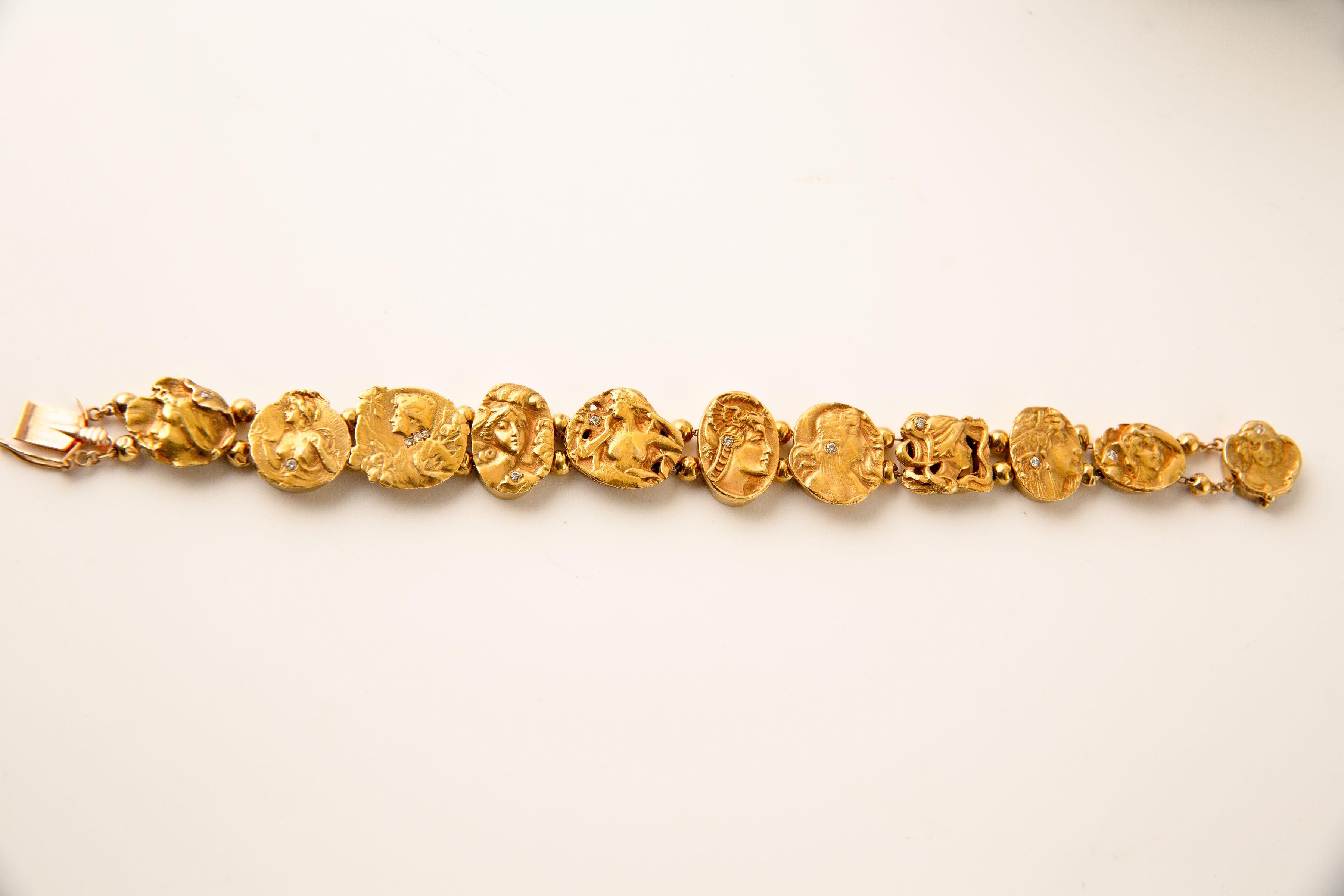 Art Noveau Figural Slide Bracelet 14k Yellow Gold & Diamond For Sale 4