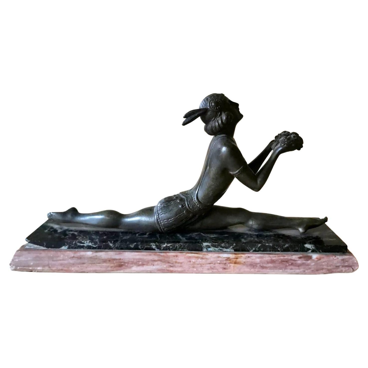 Art Noveau French Bronze Statuette with Marble Base Depicting Young Dancer For Sale