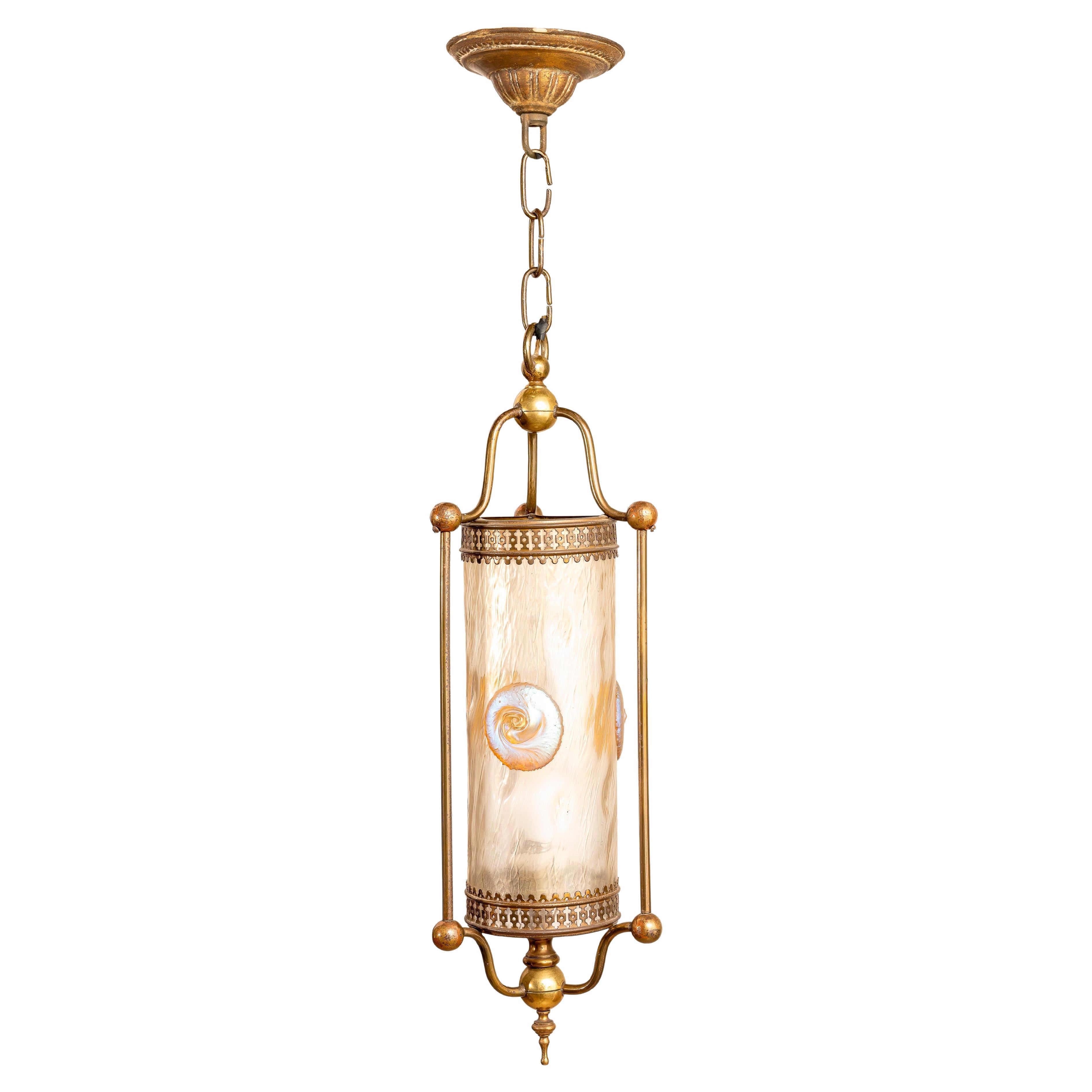 Hanging lamp with Loetz glass Nautilus decoration ca. 1902 For Sale