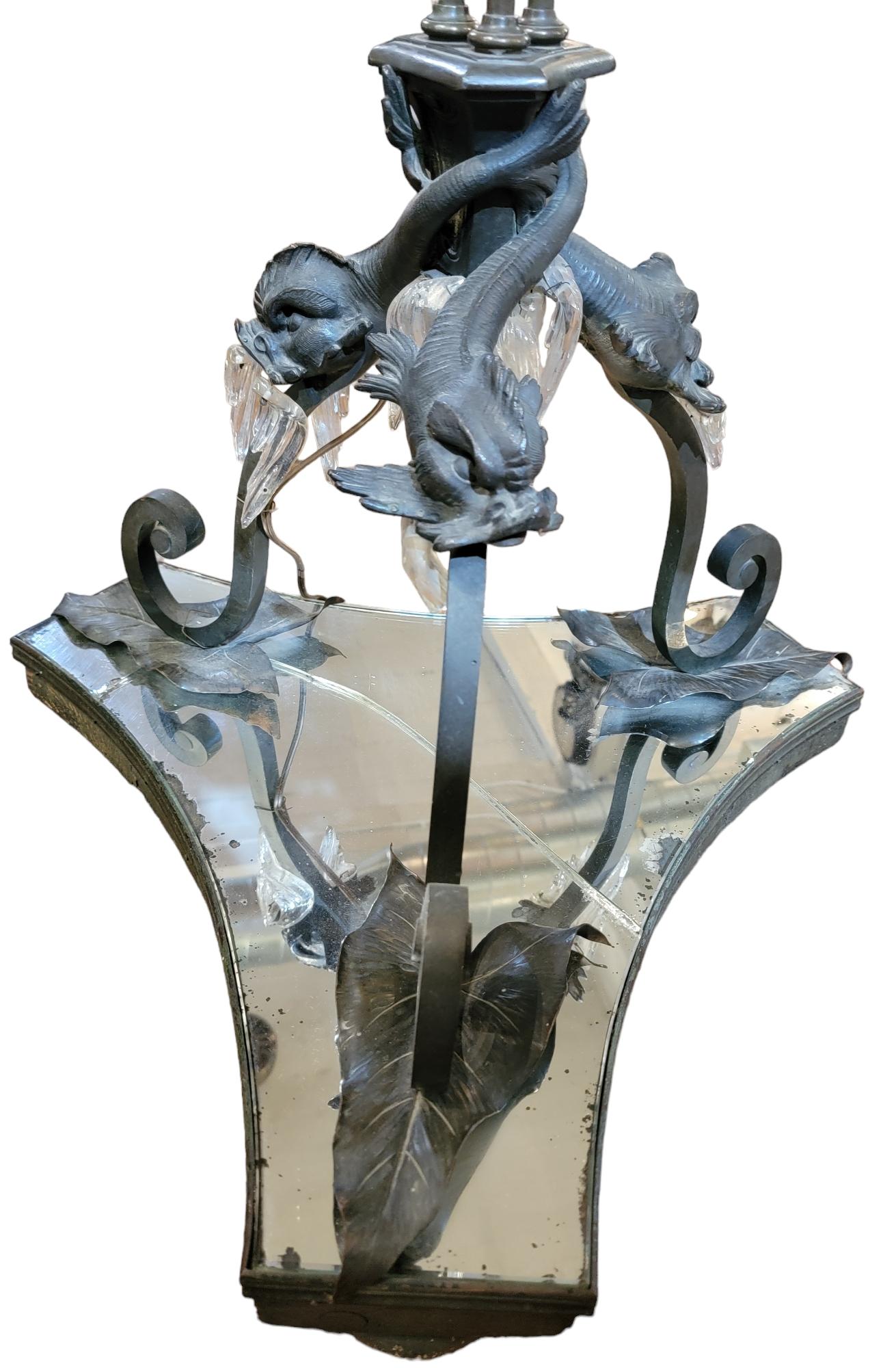 Lámpara de pie Art Noveau de hierro, cristal y mármol en Bueno estado para la venta en Pasadena, CA