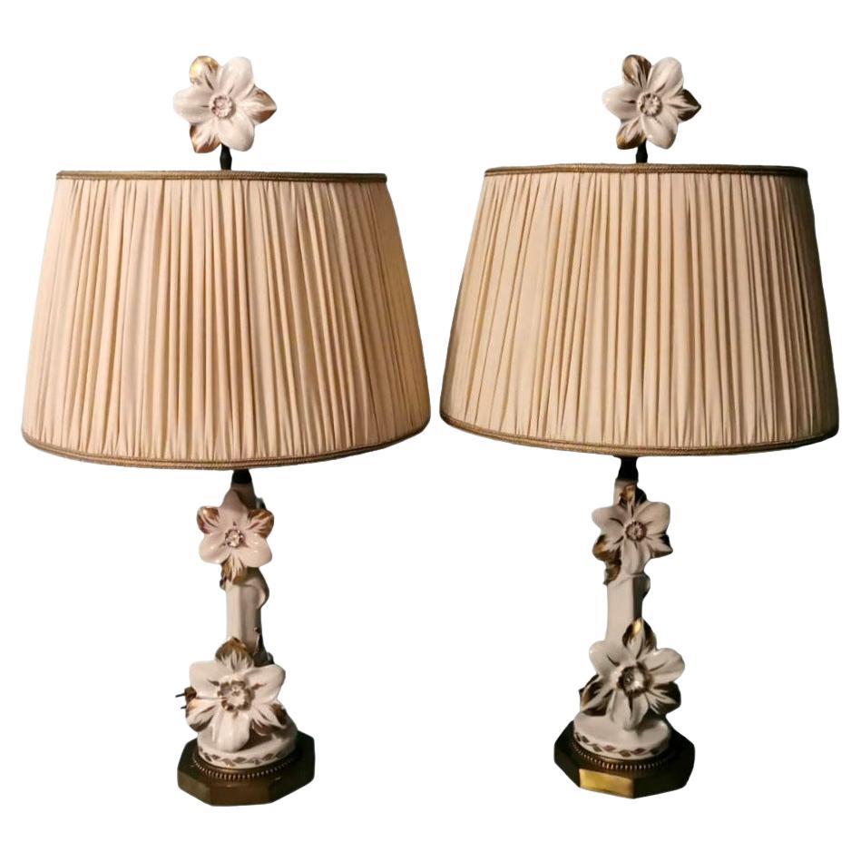 Art Noveau Pair Of French Porcelain Lamps Color Ivory And Pure Gold