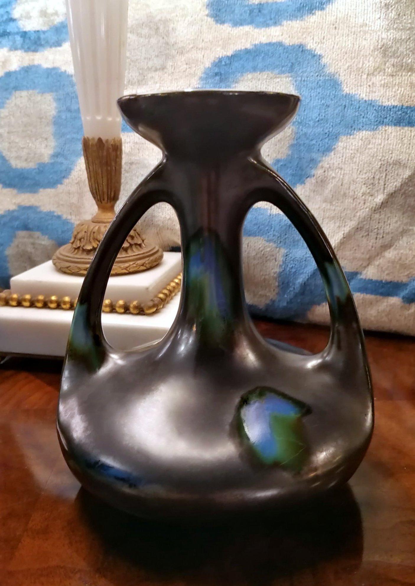 Art Noveau Saint-Clement Faiencerie Vase with Handles Black Ceramic 6