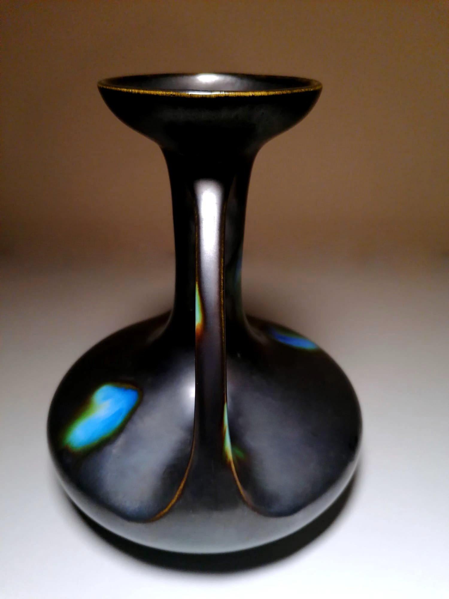 Art Nouveau Art Noveau Saint-Clement Faiencerie Vase with Handles Black Ceramic