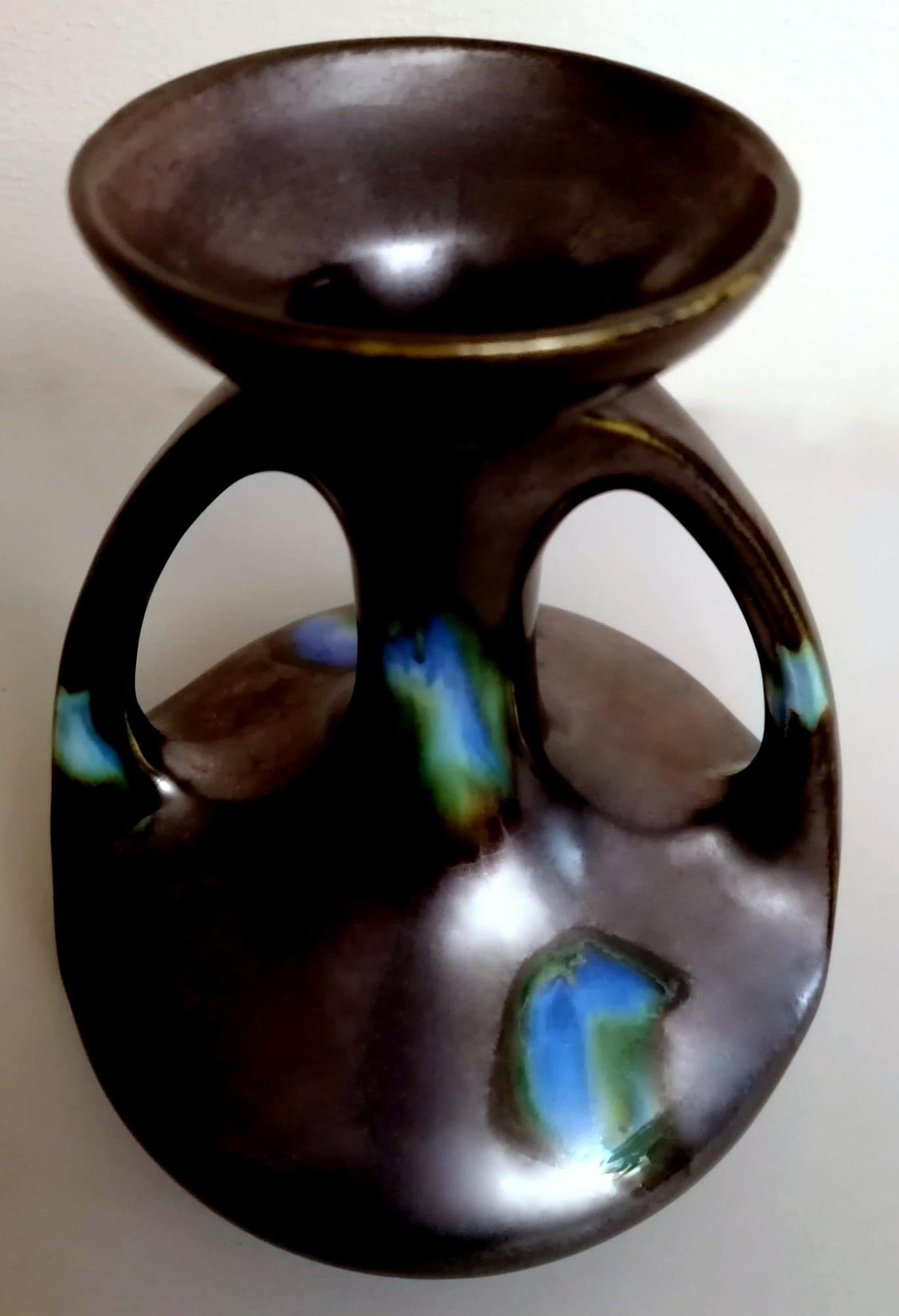 French Art Noveau Saint-Clement Faiencerie Vase with Handles Black Ceramic