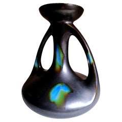 Art Noveau Saint-Clement Faiencerie Vase with Handles Black Ceramic
