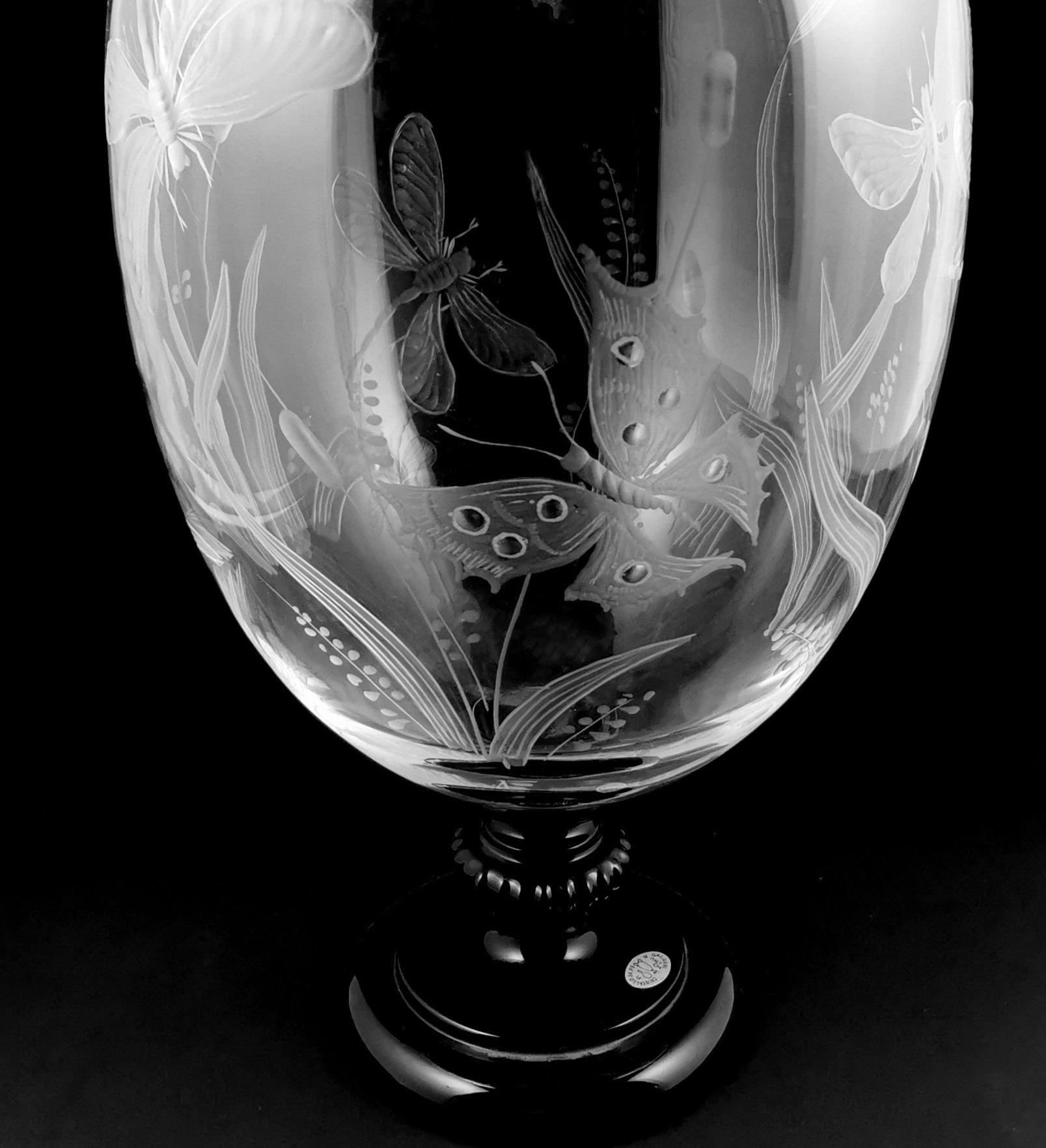Art Noveau Style Large Crystal Vase Engraved With Butterflies And Dragonflies For Sale 2