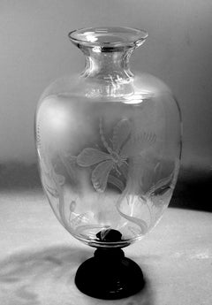 Art Noveau Style Large Crystal Vase Engraved With Butterflies And Dragonflies