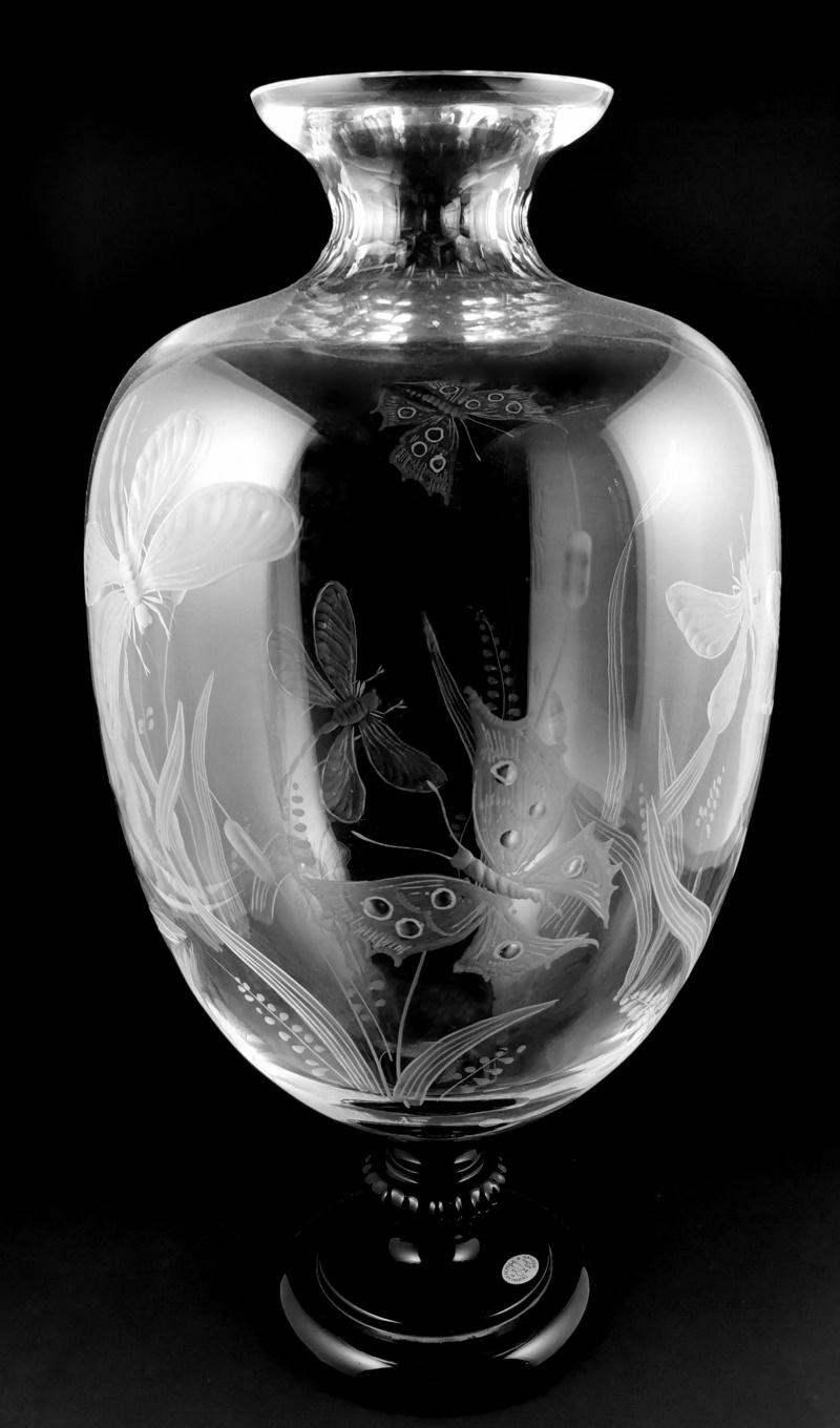 Italian Art Noveau Style Large Crystal Vase Engraved With Butterflies And Dragonflies For Sale