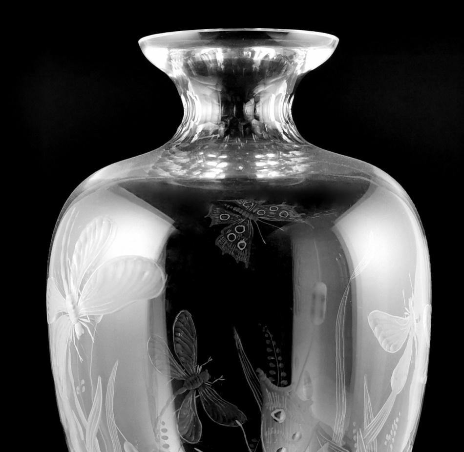 Hand-Crafted Art Noveau Style Large Crystal Vase Engraved With Butterflies And Dragonflies For Sale