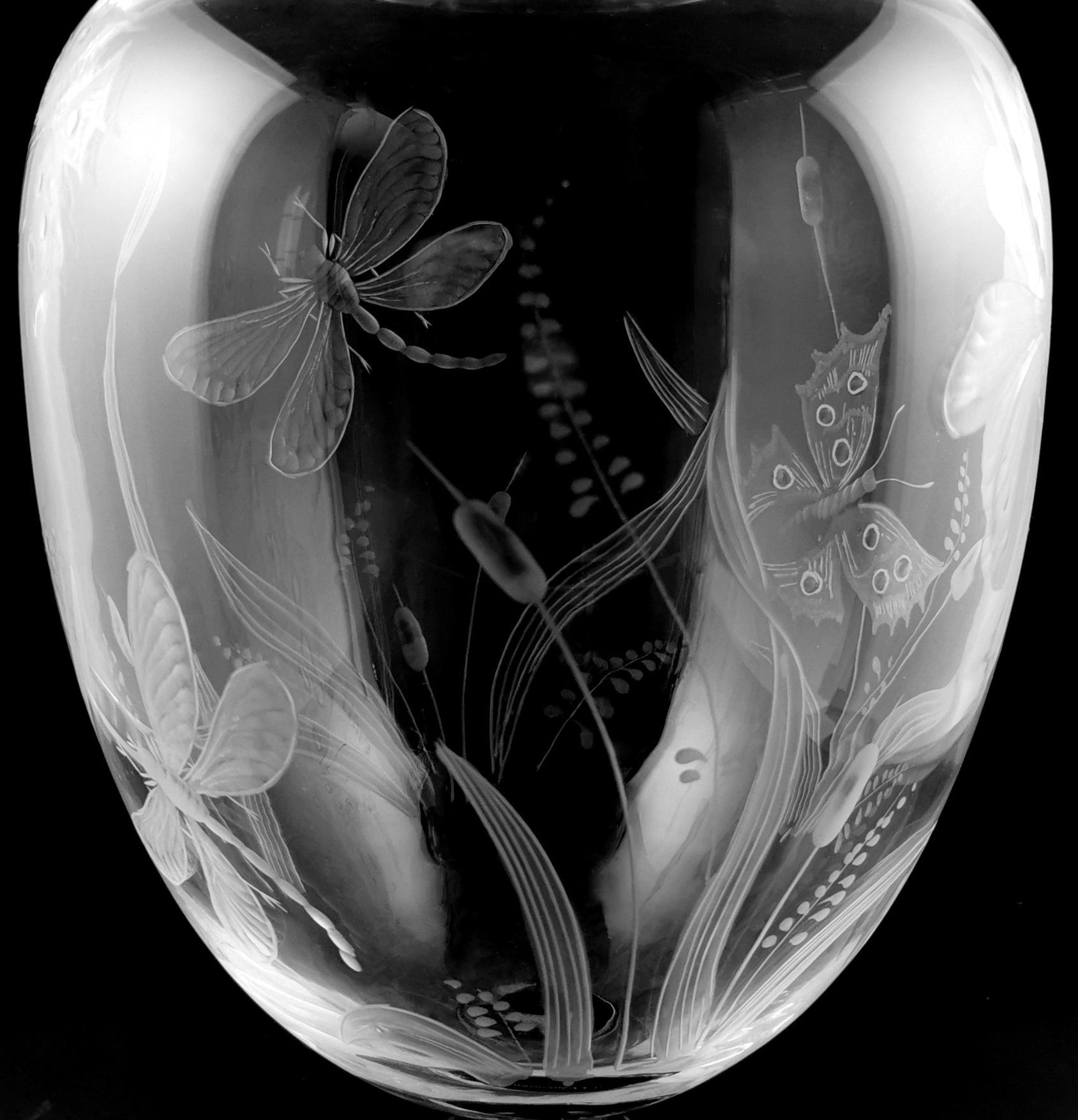 Art Noveau Style Large Crystal Vase Engraved With Butterflies And Dragonflies For Sale 1