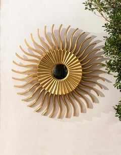 Art Nouveau Sunburst Mirror, Hand-Carved Giltwood, Gold Leaf, Spain