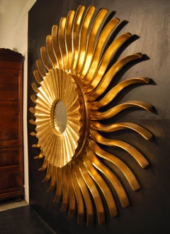 Art Nouveau Sunburst Mirror, Hand-Carved Giltwood, Gold Leaf, Spain, 180 cm
