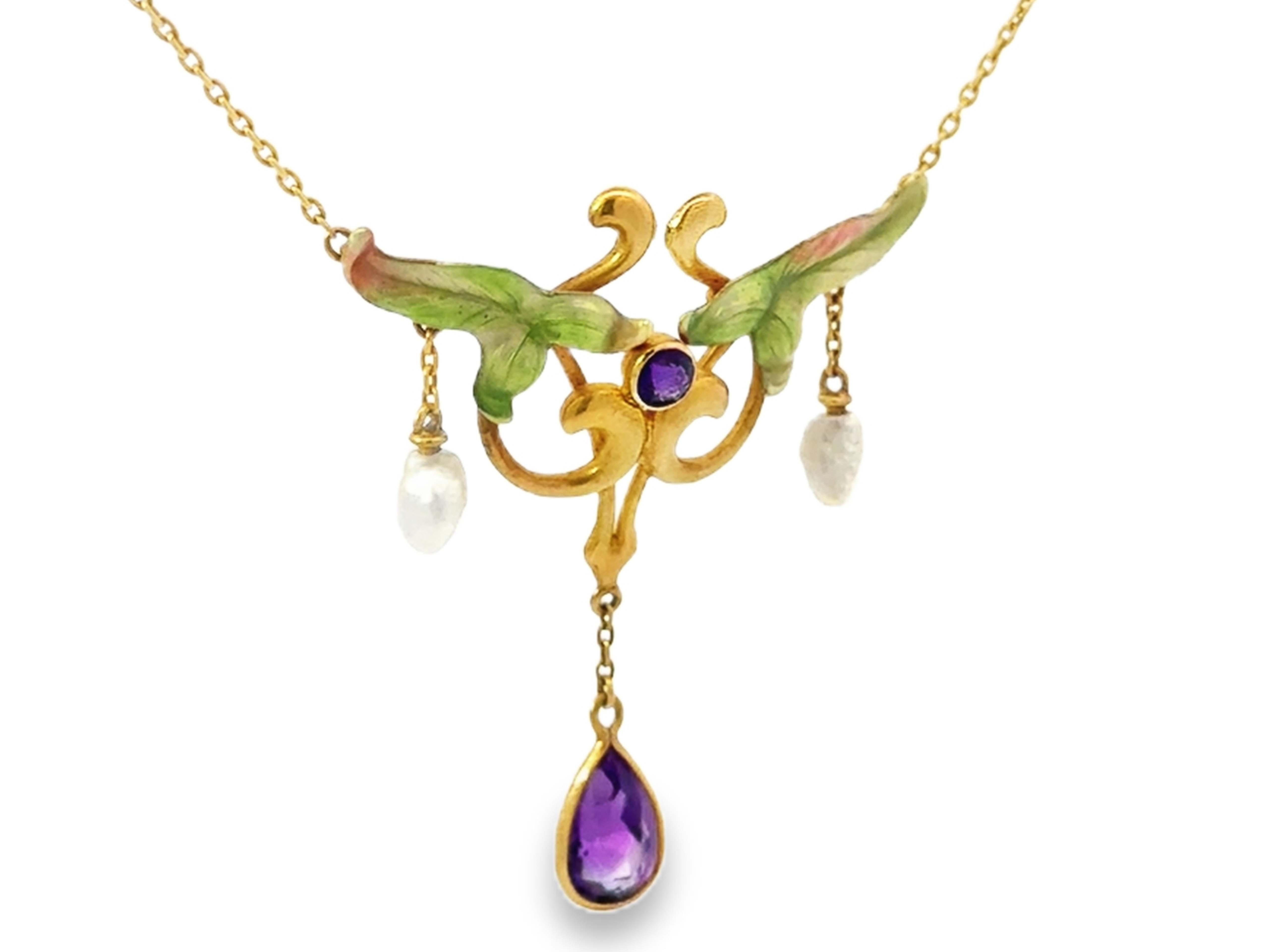 Art Nouveau Art Novo Dangly Pearl and Amethyst Green Leaf Enamel Necklace 14k Yellow Gold For Sale