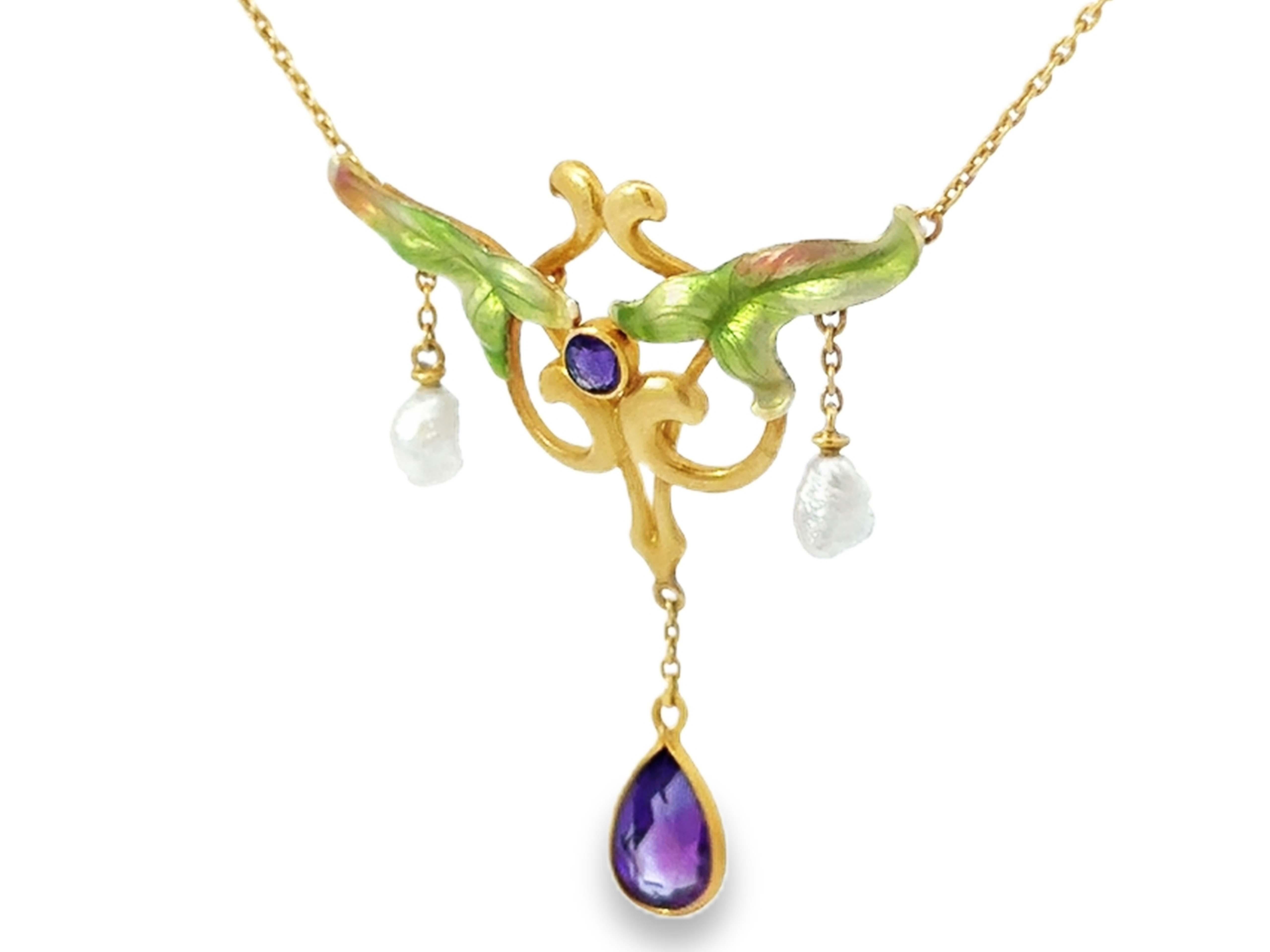 Pear Cut Art Novo Dangly Pearl and Amethyst Green Leaf Enamel Necklace 14k Yellow Gold For Sale