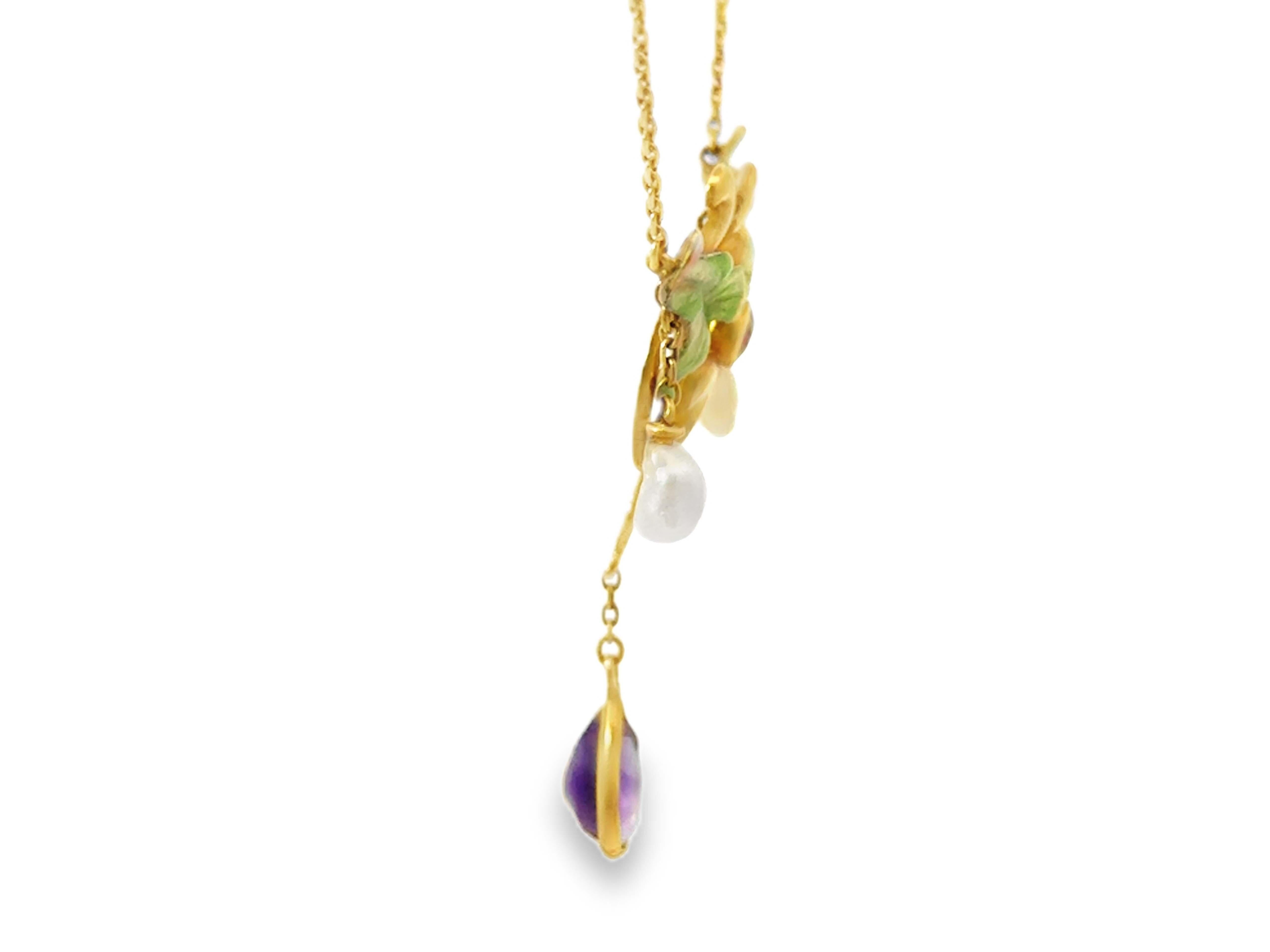 Art Novo Dangly Pearl and Amethyst Green Leaf Enamel Necklace 14k Yellow Gold In Excellent Condition For Sale In Honolulu, HI