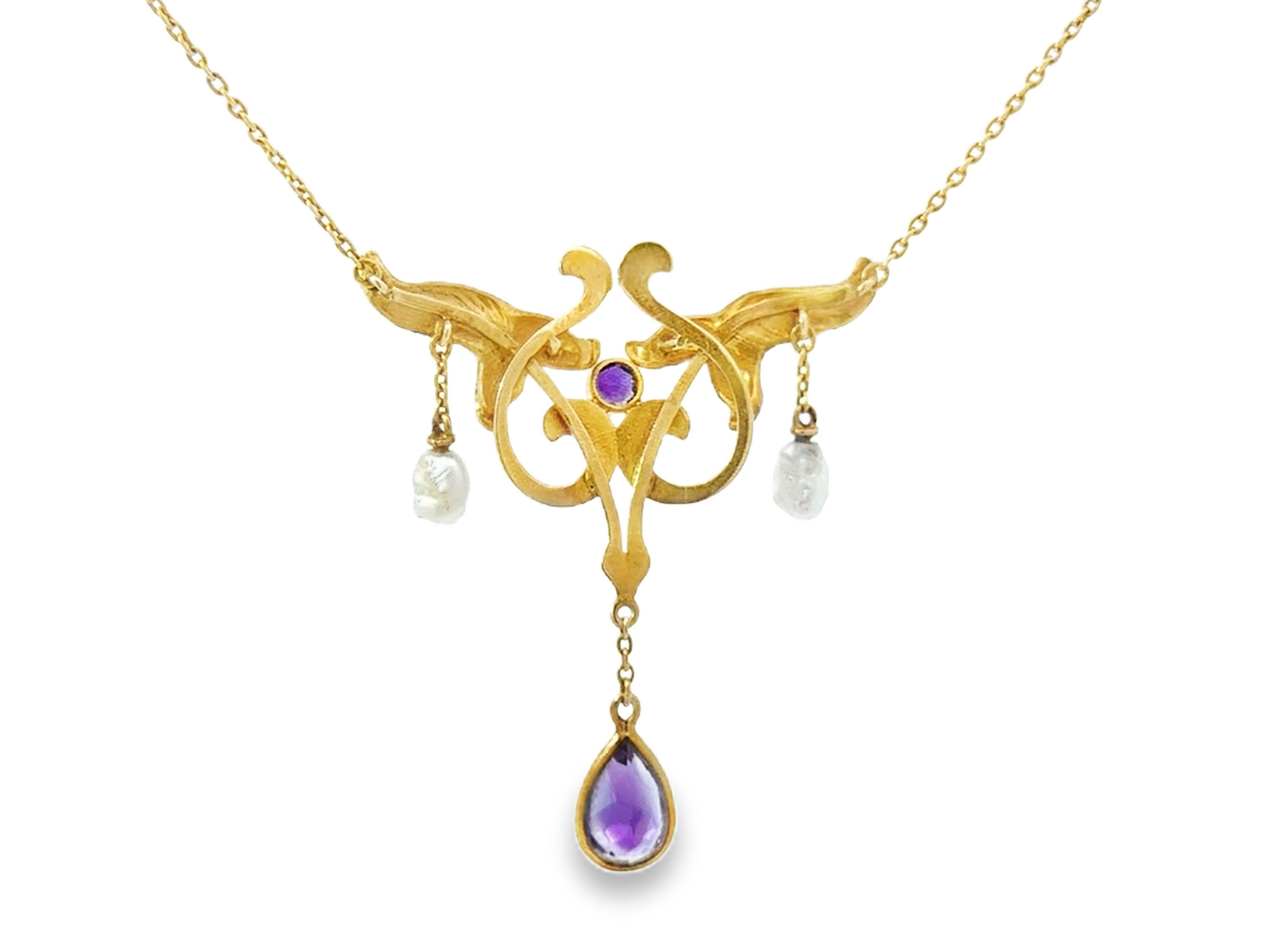 Art Novo Dangly Pearl and Amethyst Green Leaf Enamel Necklace 14k Yellow Gold For Sale 1