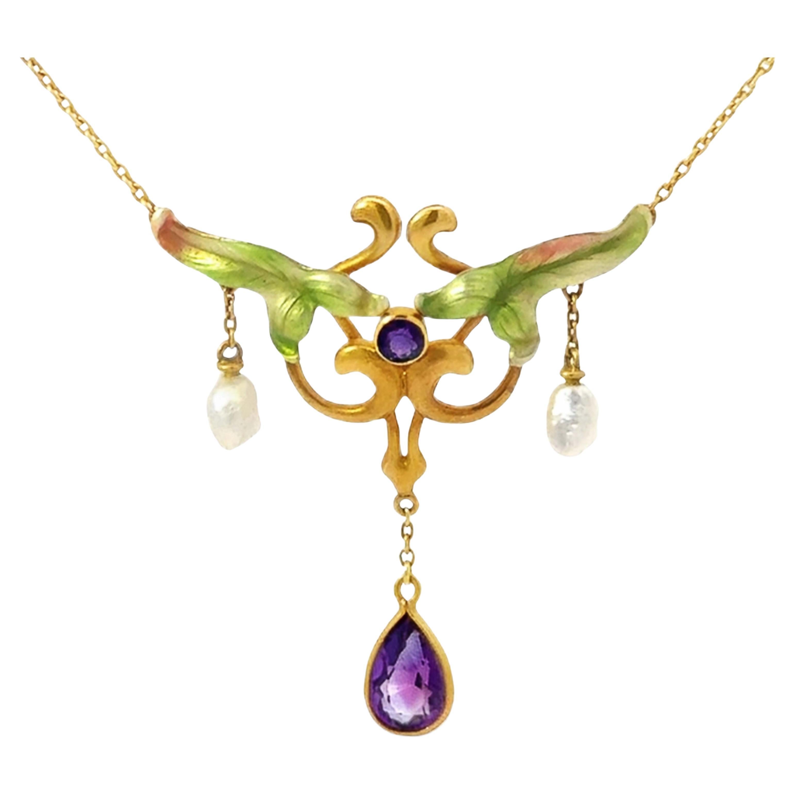 Art Novo Dangly Pearl and Amethyst Green Leaf Enamel Necklace 14k Yellow Gold