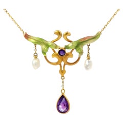 Art Novo Dangly Pearl and Amethyst Green Leaf Enamel Necklace 14k Yellow Gold