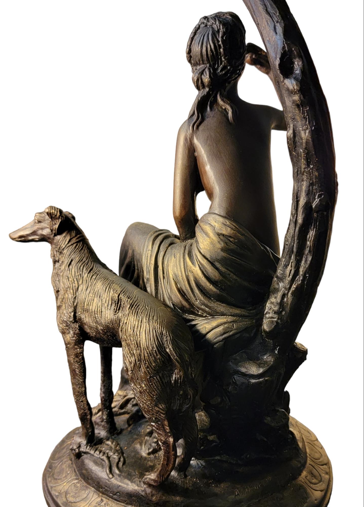 Art Novuea Bronze Center Piece Signed By A. Morgan. This wonderful centerpiece shows a wonderous free scene. 
The scene of a nide woman enjoying an apple white sitting under a tree next to her dog as the dog stands guard. The base of this