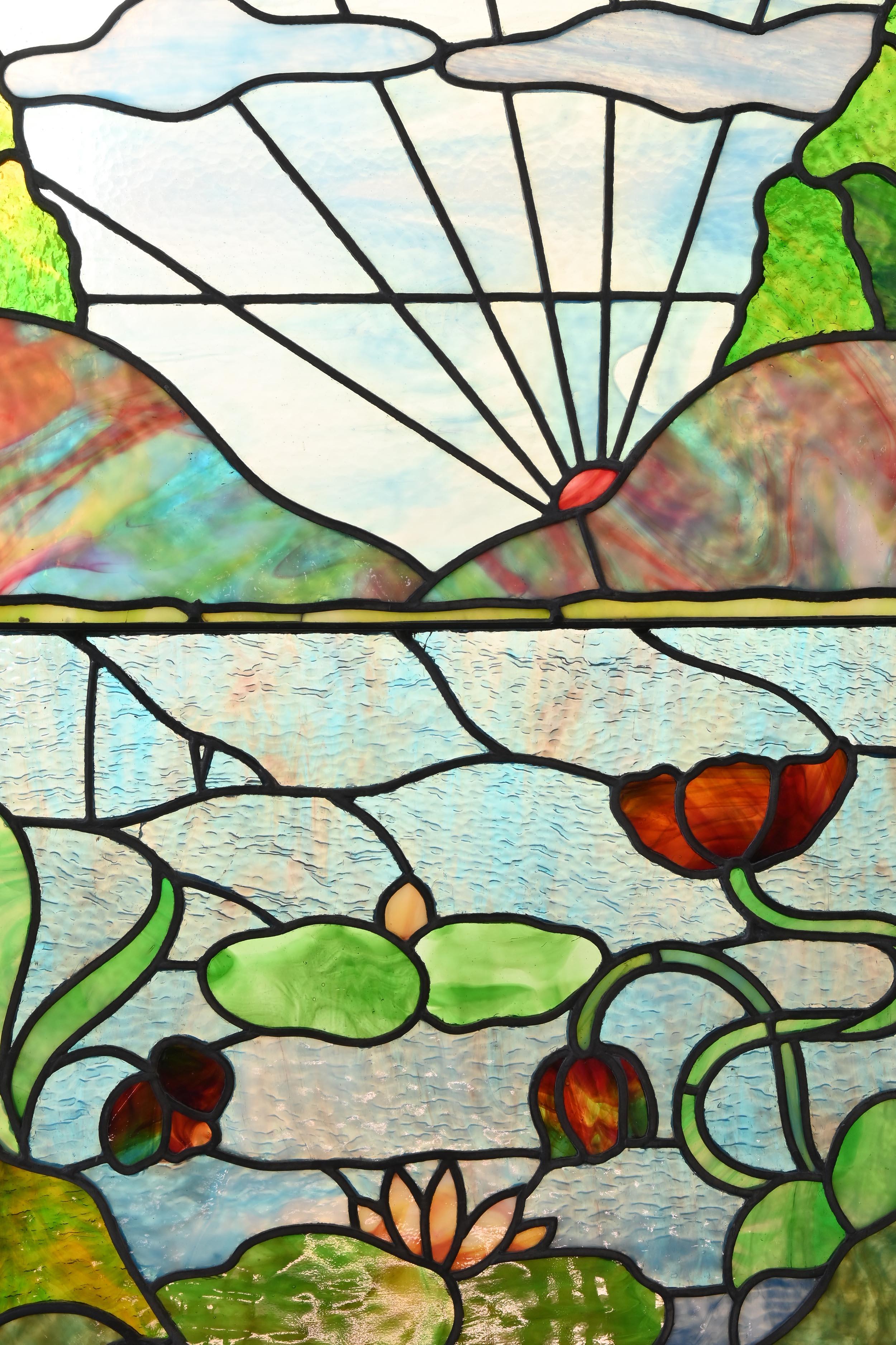 Hand-Crafted Art Nuevo Sunrise on Pond Stained & Slag Glass Landing Window