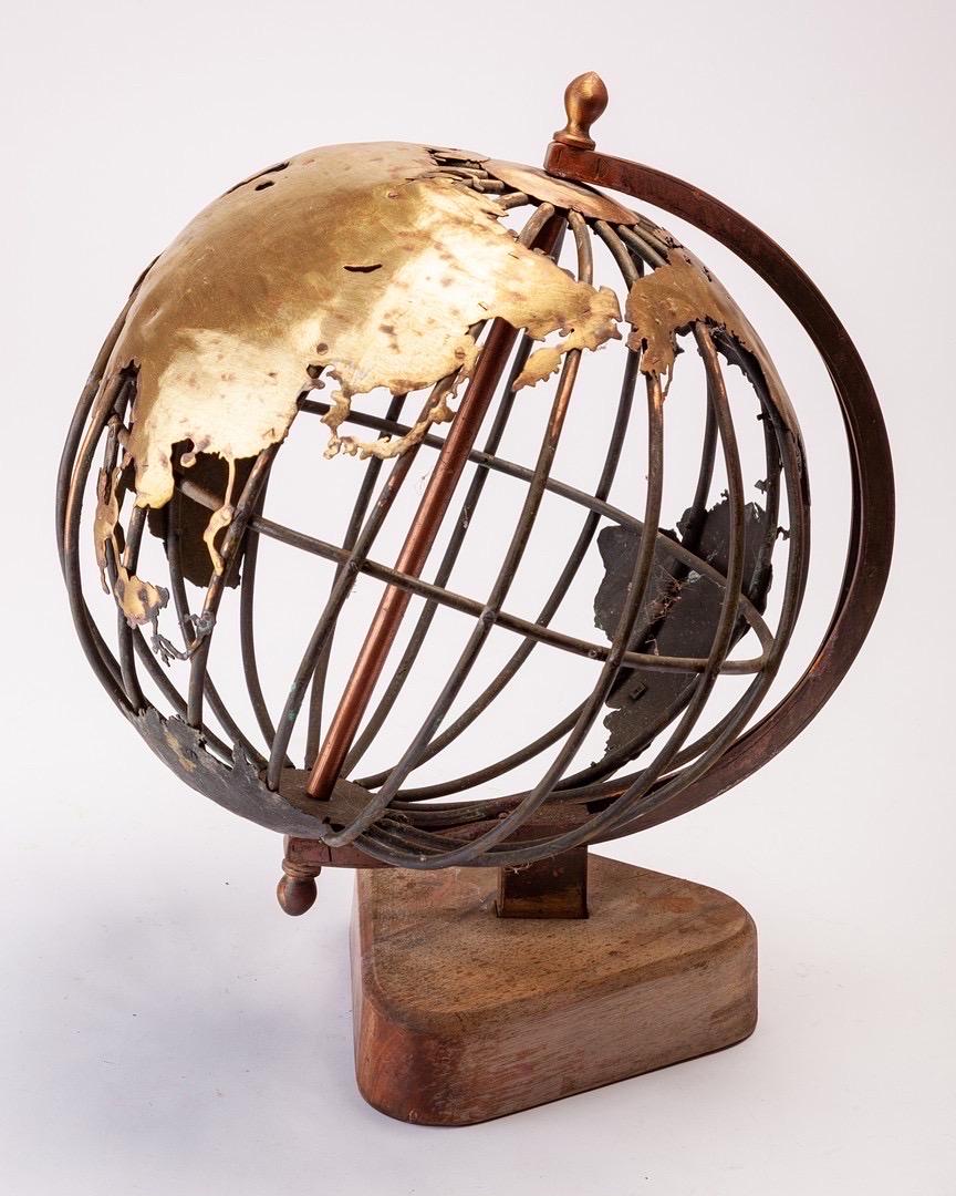 Mid-Century Modern Art Object: “Terrestrial Globe” wrought iron,  brass and teak, France 1950ies For Sale