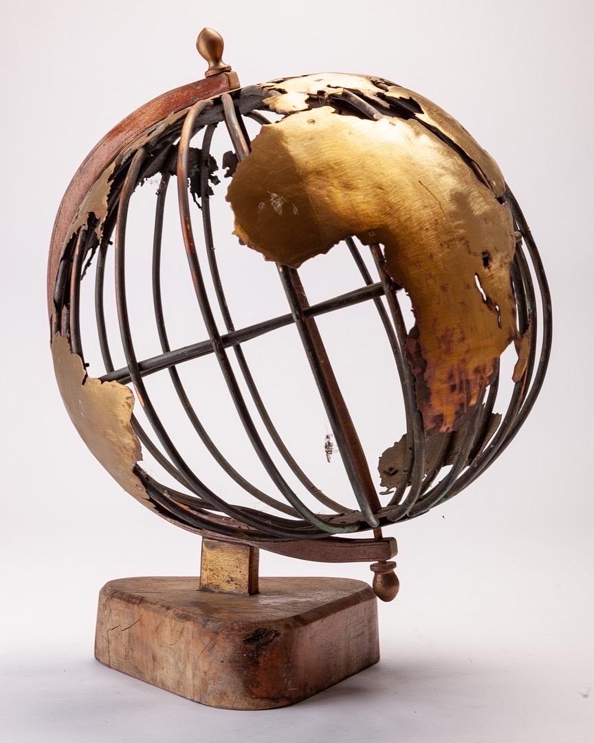 French Art Object: “Terrestrial Globe” wrought iron,  brass and teak, France 1950ies For Sale