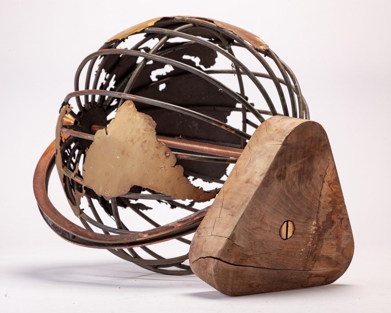 20th Century Art Object: “Terrestrial Globe” wrought iron,  brass and teak, France 1950ies For Sale