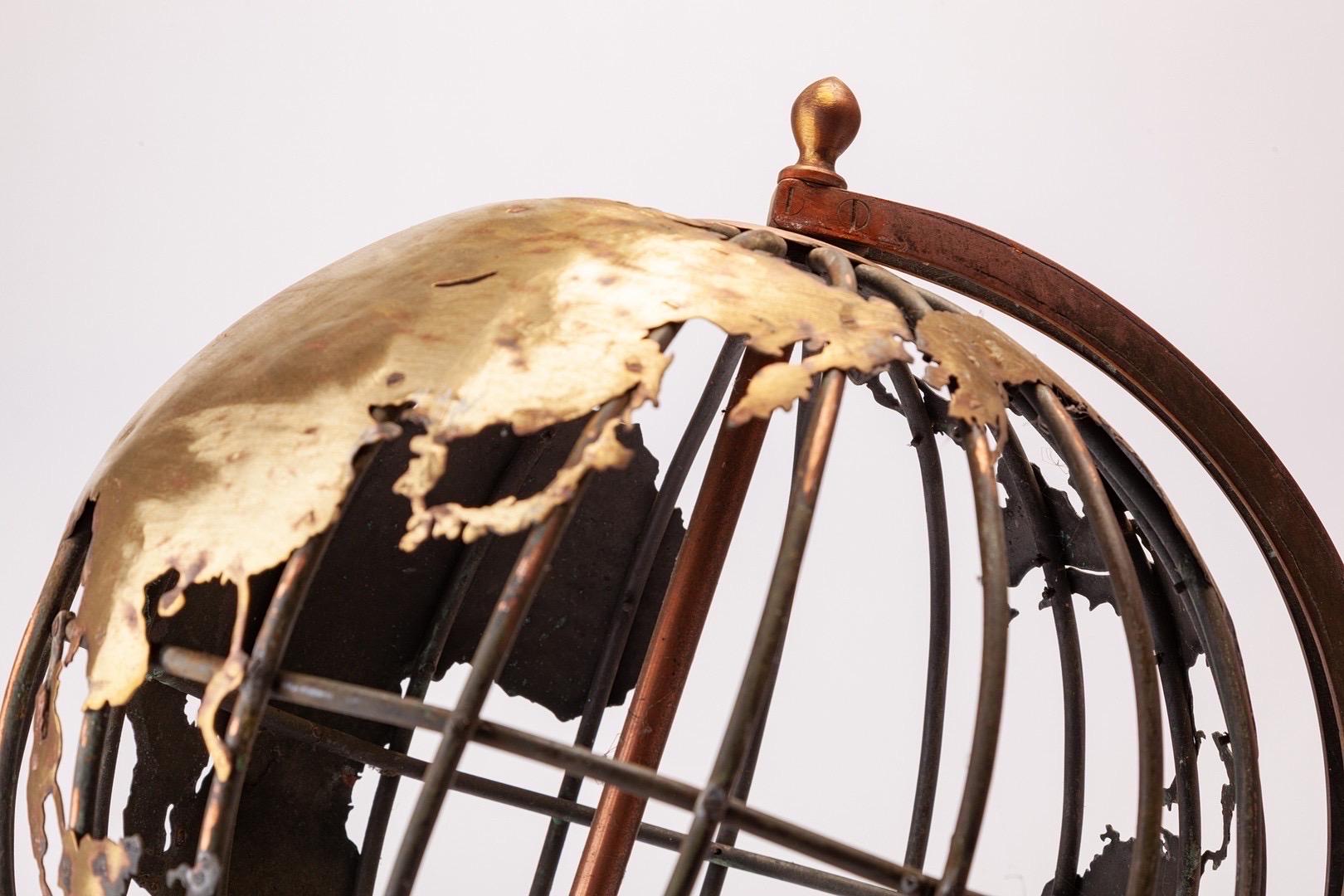 Brass Art Object: “Terrestrial Globe” wrought iron,  brass and teak, France 1950ies For Sale