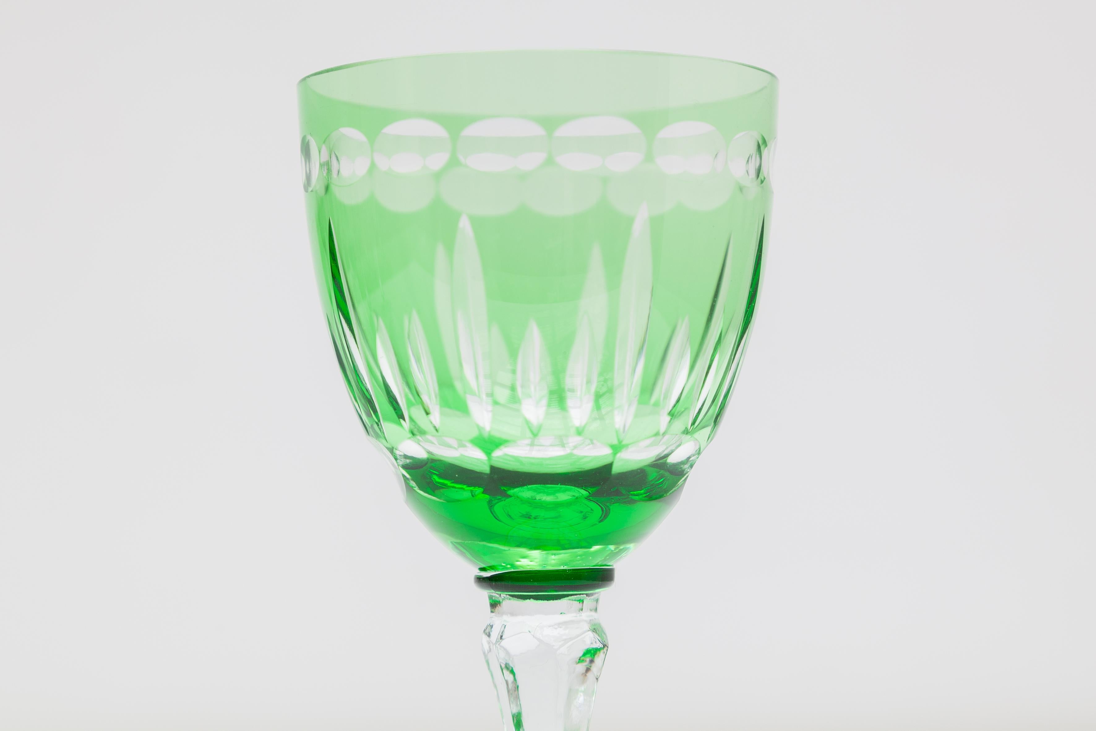 Art Deco Art of Green Clear Faceted Crystal Wine Glasses designed, Val St Lamber, Belgium