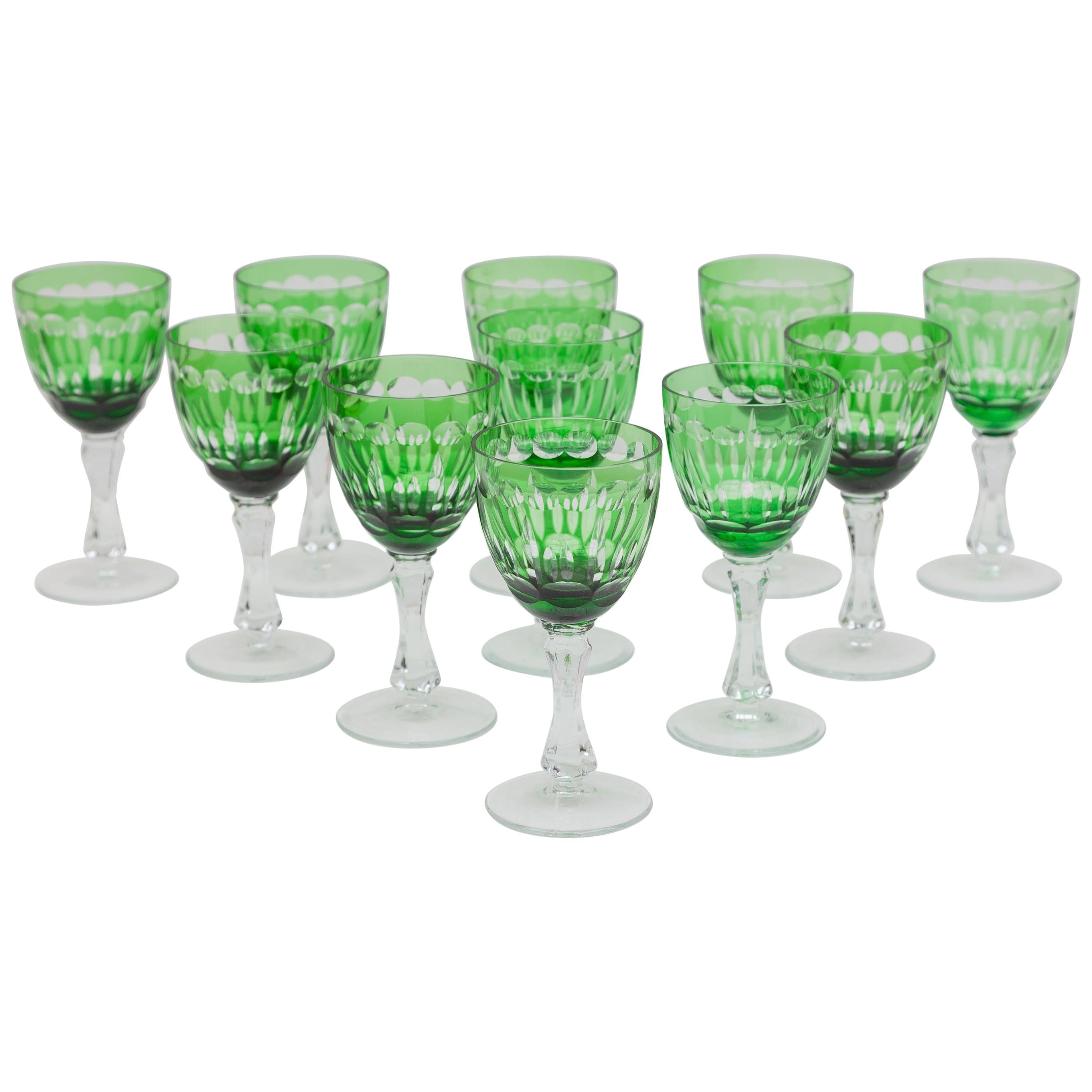 Art of Green Clear Faceted Crystal Wine Glasses designed, Val St Lamber, Belgium