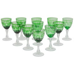 Art of Green Clear Faceted Crystal Wine Glasses designed, Val St Lamber, Belgium