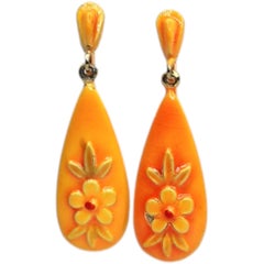 ART Orange Enameled Metal Flower Teardrop Dangle Clip-On Earrings, 1950s