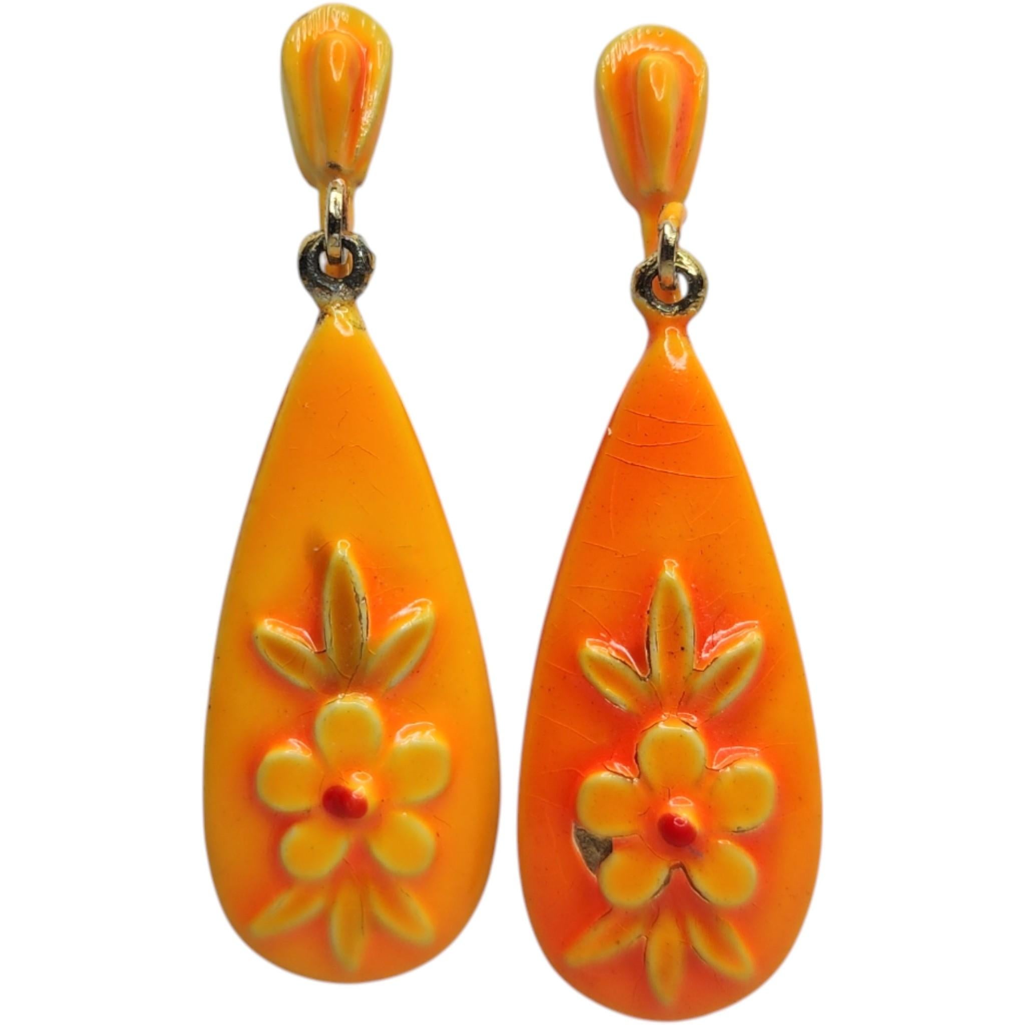 ART Orange Enameled Metal Flower Teardrop Dangle Clip-On Earrings, 1950s