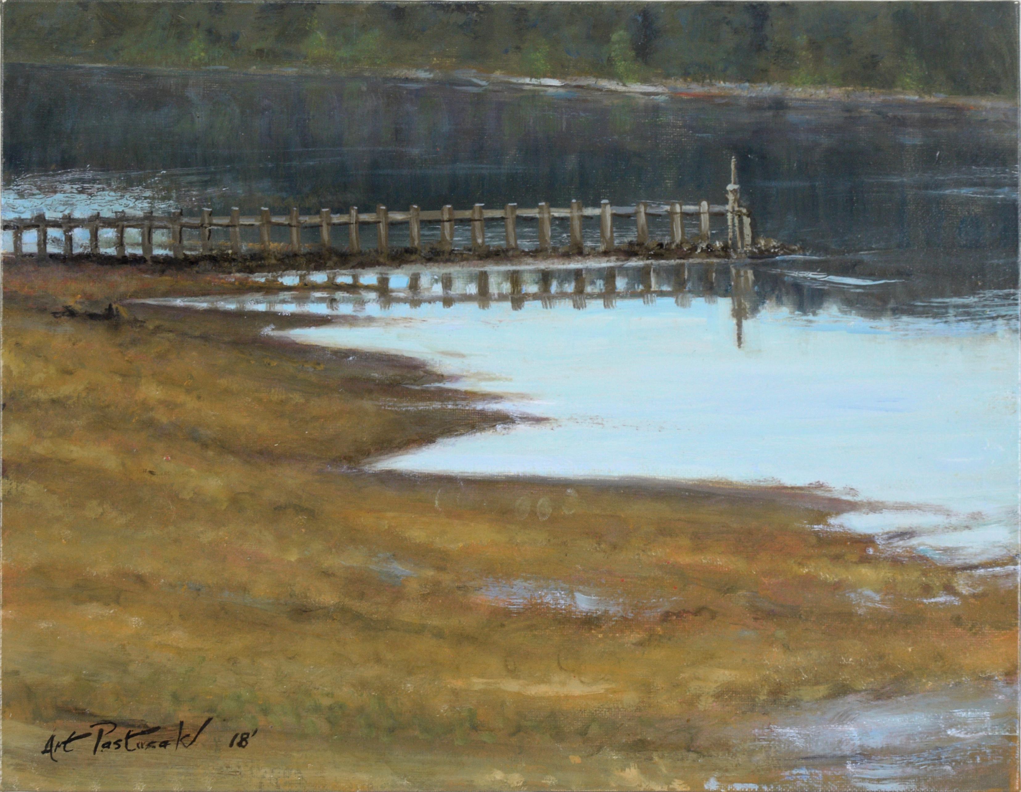 Art Pastusak Landscape Painting - "Solitude" - Dock on the Lake - Landscape in Oil on Artist's Board