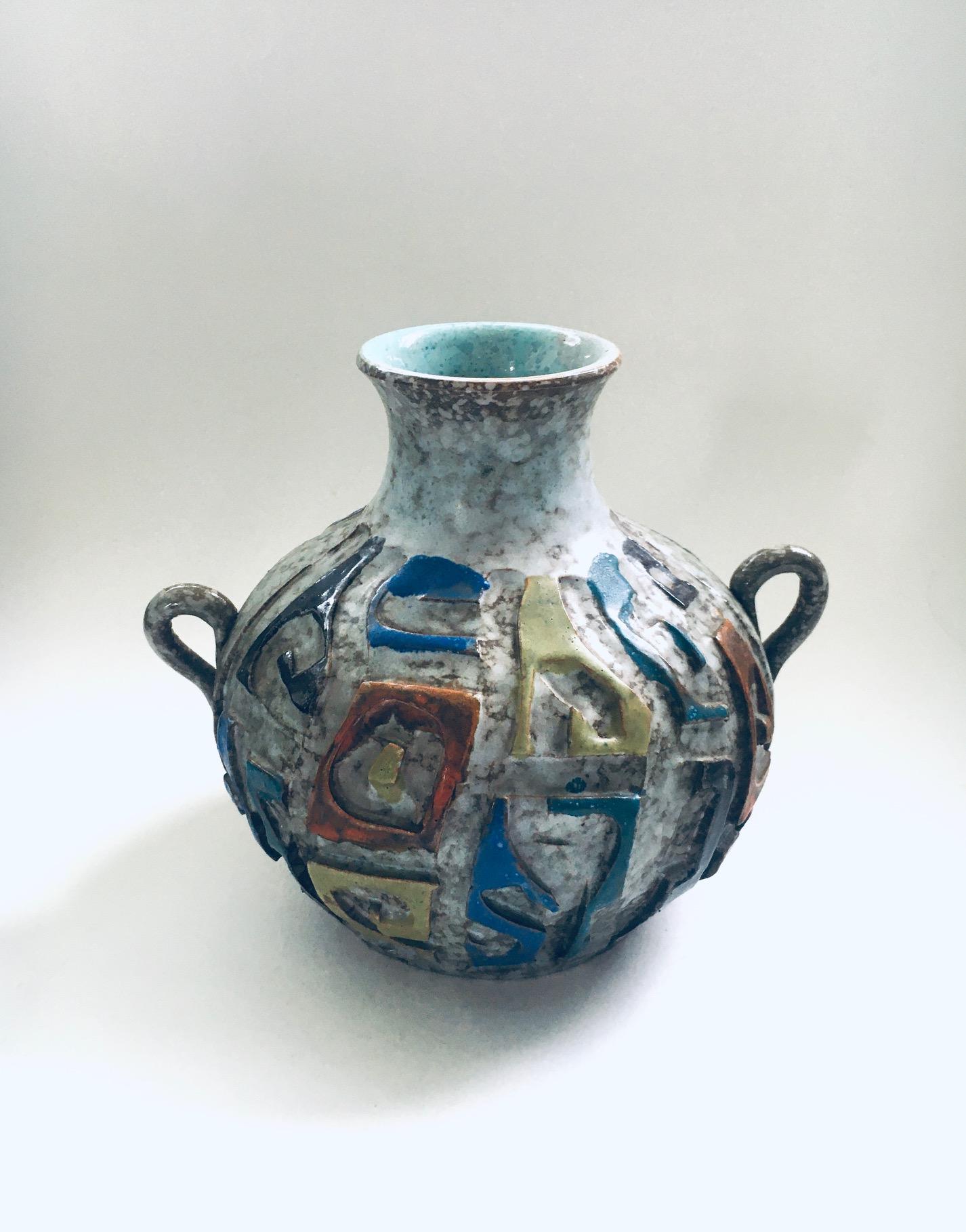 Mid-Century Modern Art Pottery Studio Carved Handle Vase, 1960's Spain For Sale