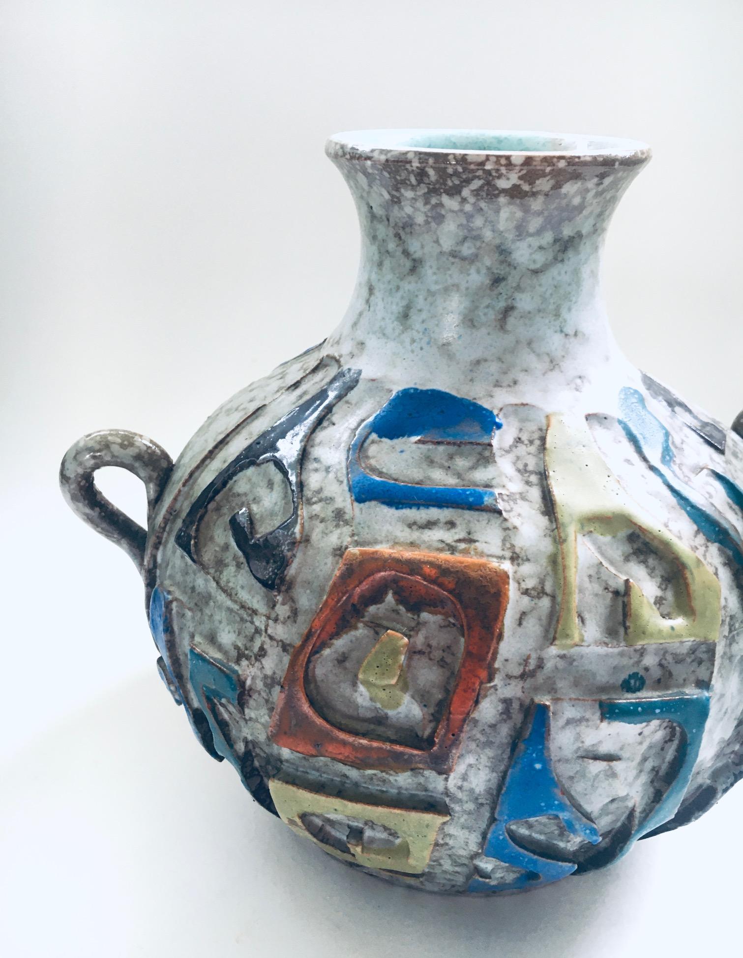 Ceramic Art Pottery Studio Carved Handle Vase, 1960's Spain For Sale