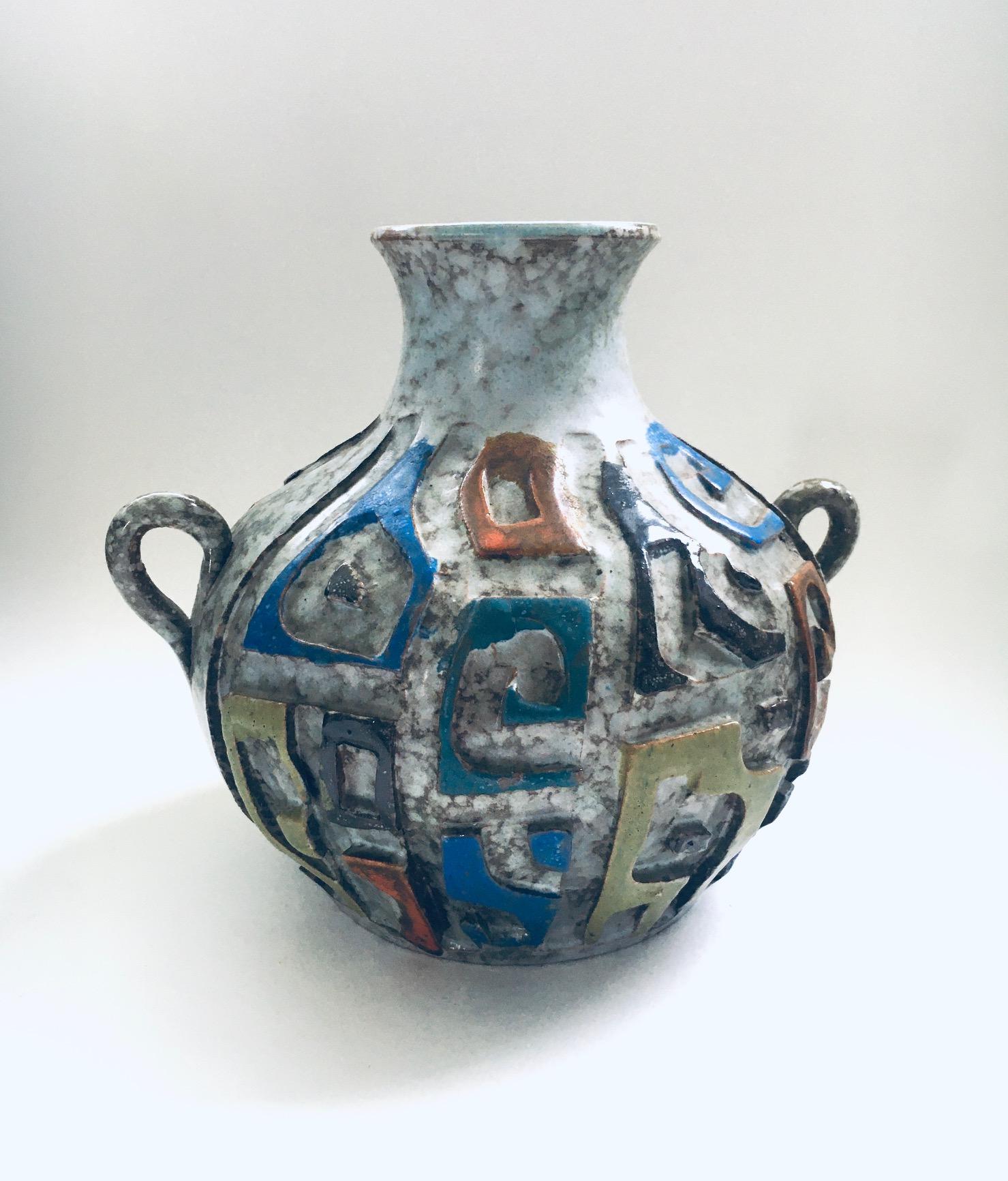 Art Pottery Studio Carved Handle Vase, 1960's Spain For Sale 1